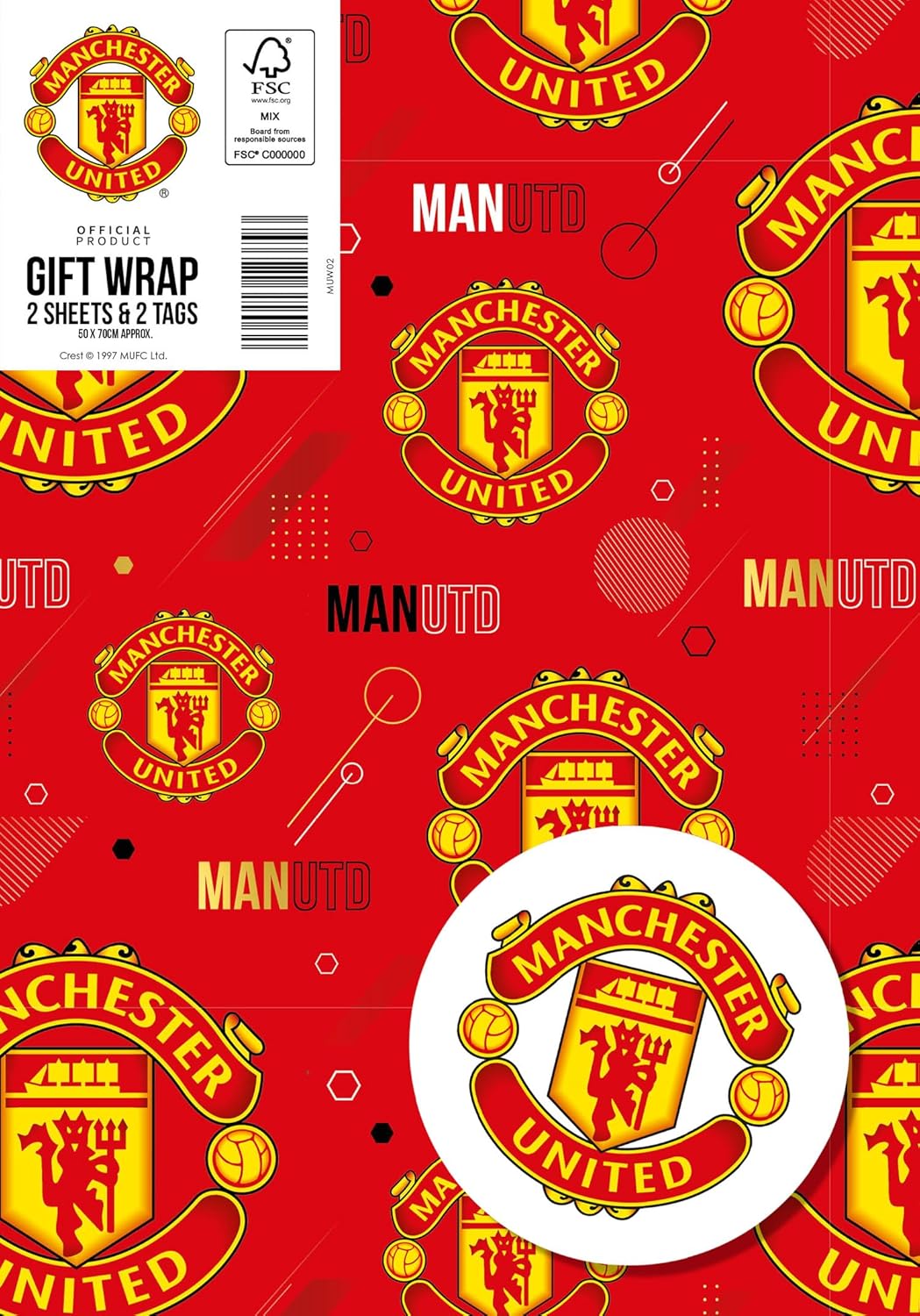 Manchester United Wrapping Paper 2 Sheet 2 Tags, Man United Gift Wrap