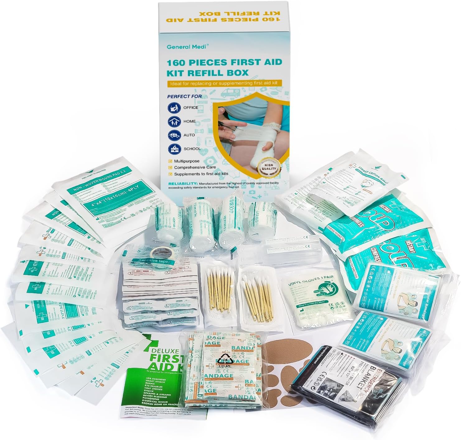 General Medi 160 Piece First Aid Kit Bag Refill Kit - Includes Instant Cold Pack, Bandages,Emergency Blanket, Moleskin Pad, Gauze - Extra Replacement Medical Supplies for First Aid