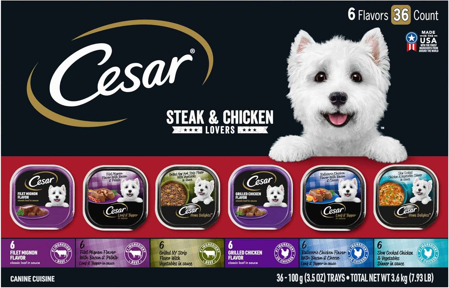 Cesar Wet Dog Food Classic Loaf in Sauce, Steak and Chicken Lovers Variety Pack with Real Meat or Real Chicken, 3.5 oz. Easy Peel Trays (36 Count, Pack of 1)