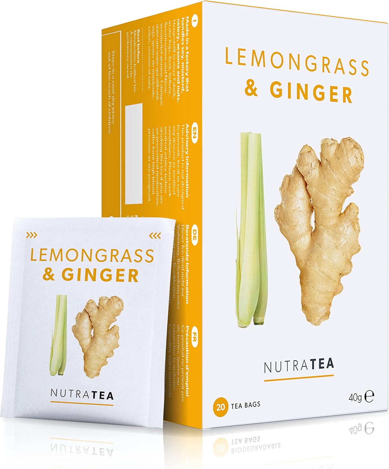 Nutra Tea - Lemongrass & Ginger Tea - 20 Enveloped Tea Bags - Herbal Infusion (1 Pack)