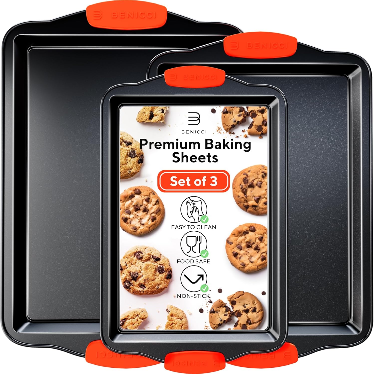 Premium Non-Stick Baking Sheets Set of 3 - Deluxe BPA Free, Easy to Clean Racks w/Silicone Handles - Bakeware Pans for Cooking Baking Roasting - Lets You Bake The Perfect Cookie or Pastry Every Time