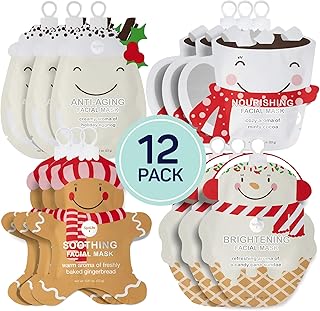 SpaLife Holiday Treats Facial Masks 12-Pack Assorted - Festive Christmas Skincare for Soothing and Nourishing - Gingerbread, Sundae, Cocoa & Eggnog
