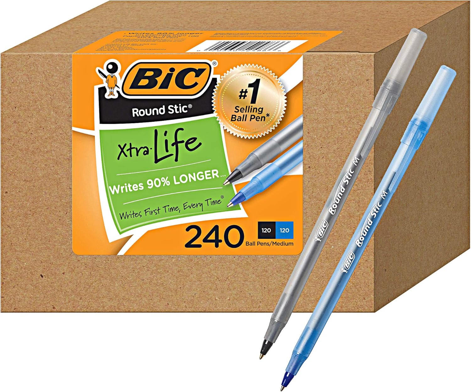 BIC PENS Large Bulk Pack of 240 Ink Pens, Bic Round Stic Xtra Life Ballpoint , Medium point 1.0 mm, 120 Black & 120 Blue Pens in Box Combo Pack
