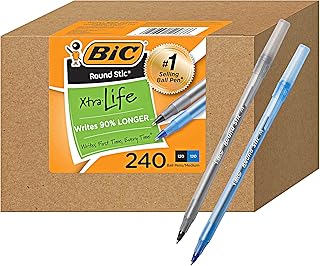 BIC PENS Large Bulk Pack of 240 Ink Pens, Bic Round Stic Xtra Life Ballpoint , Medium point 1.0 mm, 120 Black & 120 Blue Pens in Box Combo Pack