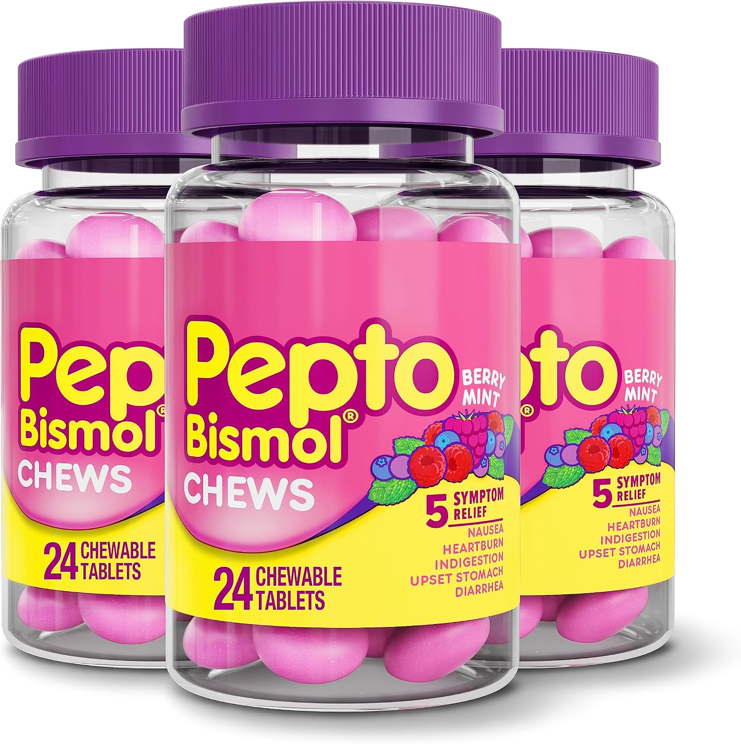 Pepto Bismol Chews, Fast and Effective Digestive Relief from Nausea, Heartburn, Indigestion, Upset Stomach, Diarrhea, Berry Mint Flavor, 72 Total (3 Packs of 24)