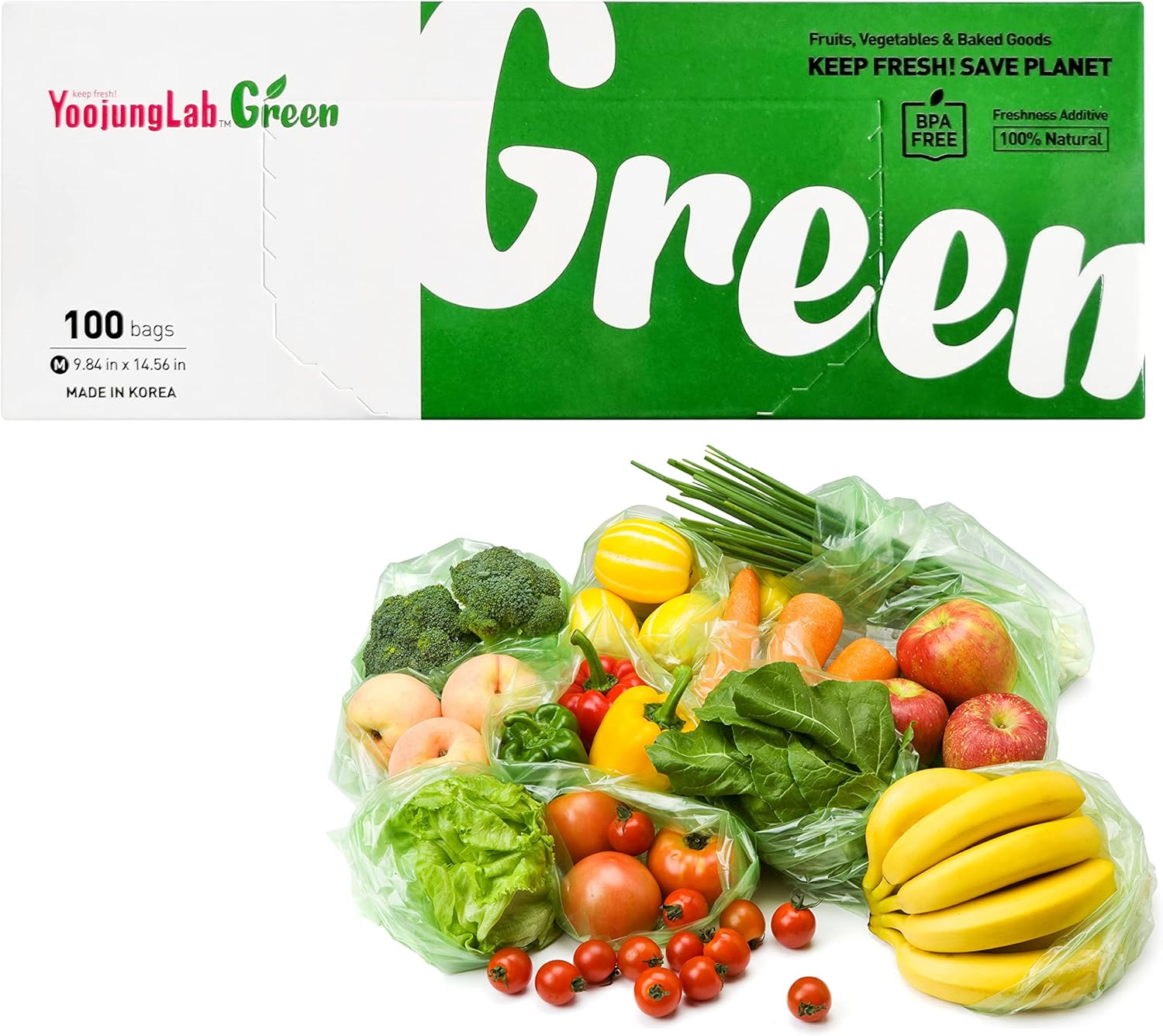 Green, Food Storage Bags, 9.84" 14.56" 100bags, Keep Fresh Produce Bags, BPA FREE, Food Saver Storage for Fruits, Vegetables, HDPE, Green color bag, Disposable Storage Bags, Eco-Friendly