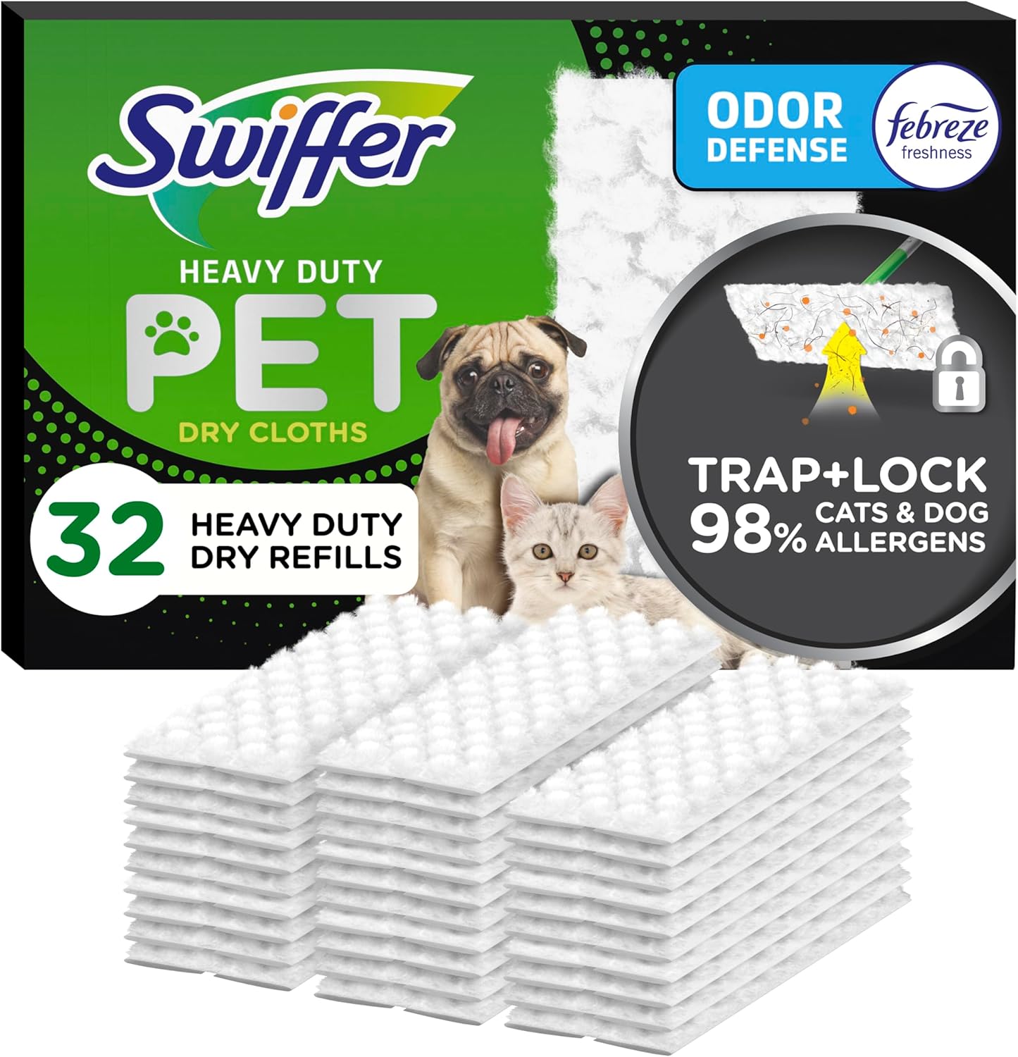 Swiffer Sweeper Pet, Heavy Duty Dry Sweeping Cloth Refills with Febreze Odor Defense, Floor Cleaning, 32 Count