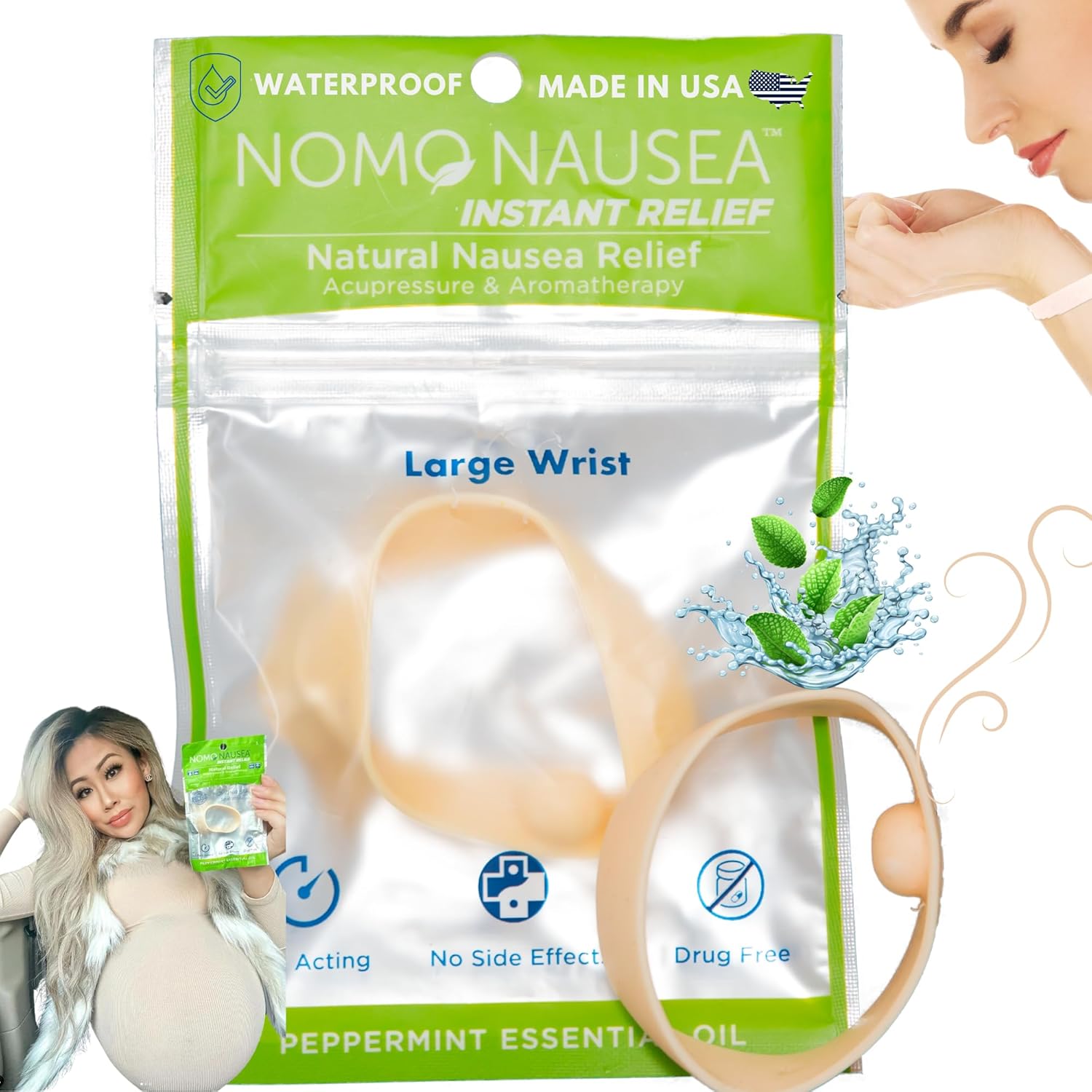Nomo Nausea Instant Relief Large Nude Aromatherapy Anti-Nausea Bands with Acupressure, Nude, Large, Peppermint, 2 Count