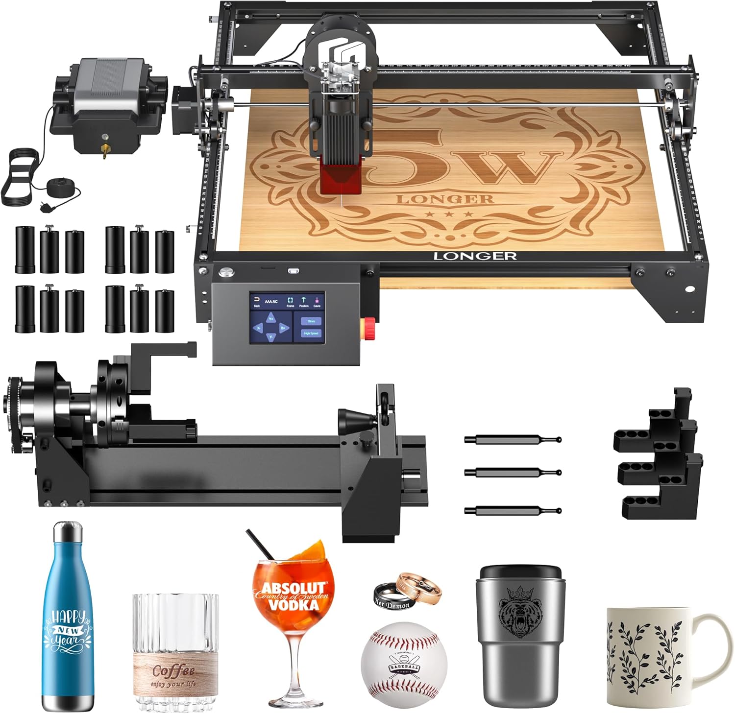 LONGER Laser Engraver Ray5 5000mW Engraver Machine with Air Assist Kit DIY CNC Laser Cutter Tool for Metal Glass Wood Working Area 15.7 "x15.7" with 4-in-1 Rotary Roller Kit