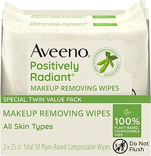 Aveeno Positively Radiant Oil-Free Makeup Removing Face Wipes to Help Even Skin Tone and Texture with Moisture-Rich Soy Extract, Gentle Facial Cleansing Wipes, Twin Pack, 2 x 25 ct.