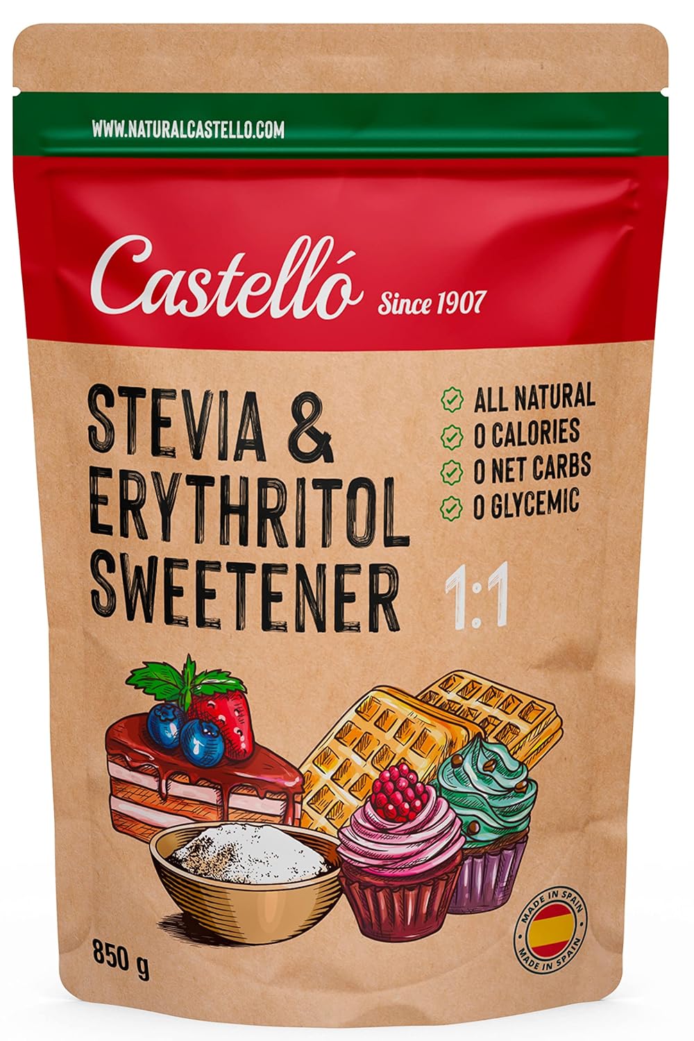Castello since 1907 Stevia + Erythritol 1:1 Sweetener | 1g = 1g of sugar | 100% Natural Sugar Substitute - 0 Calories - 0 Glycemic Index - Keto and Paleo - 0 Net Carbohydrates - Non-GMO - 850 g