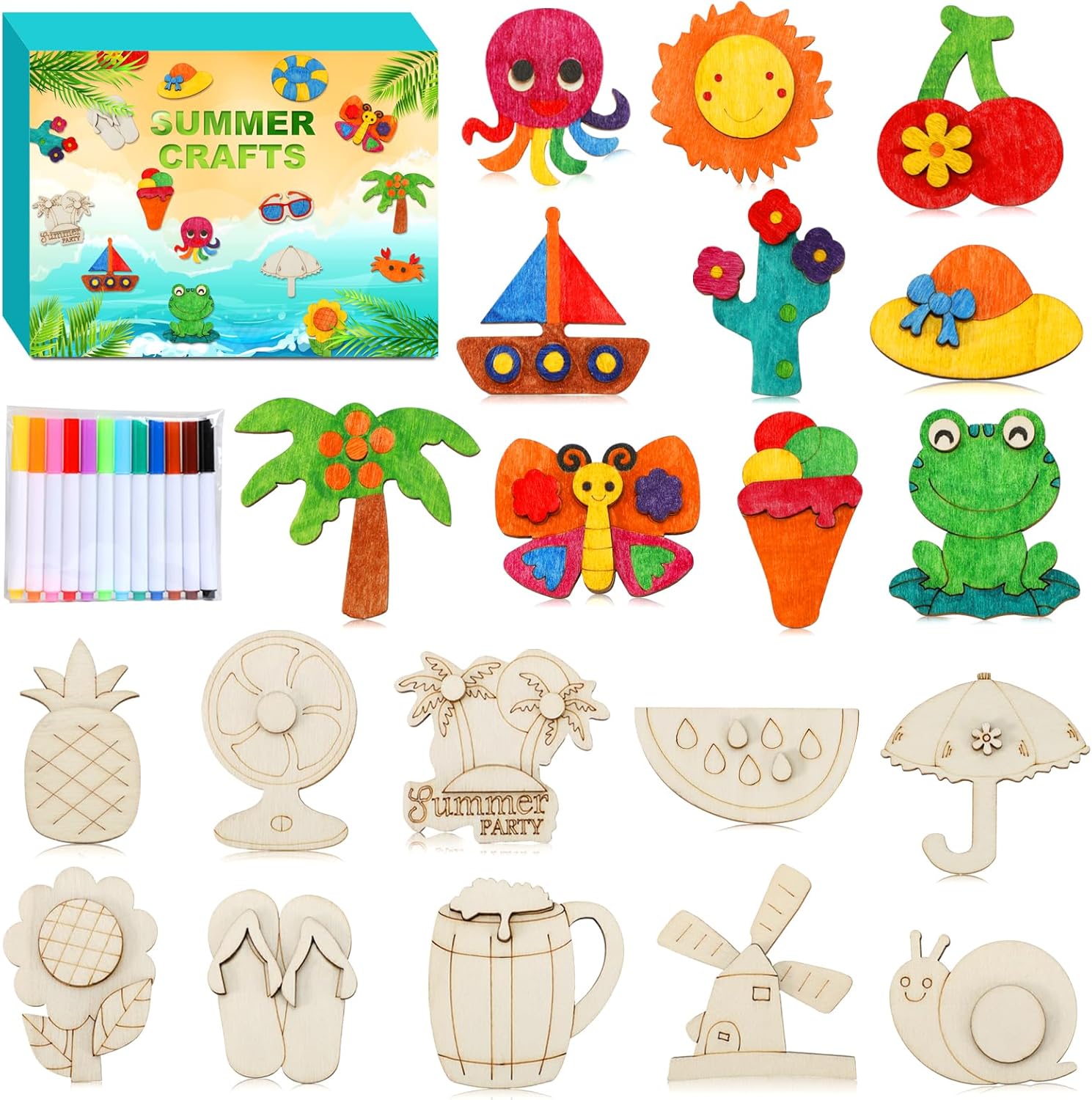 Worgree Summer Crafts for Kids, 36 Pcs DIY Wooden Magnets Art Craft Supplies Painting Kit for Boys Girls Ages 4-8 8-12 Birthday Party Gifts Summer Activities School Classroom Prizes