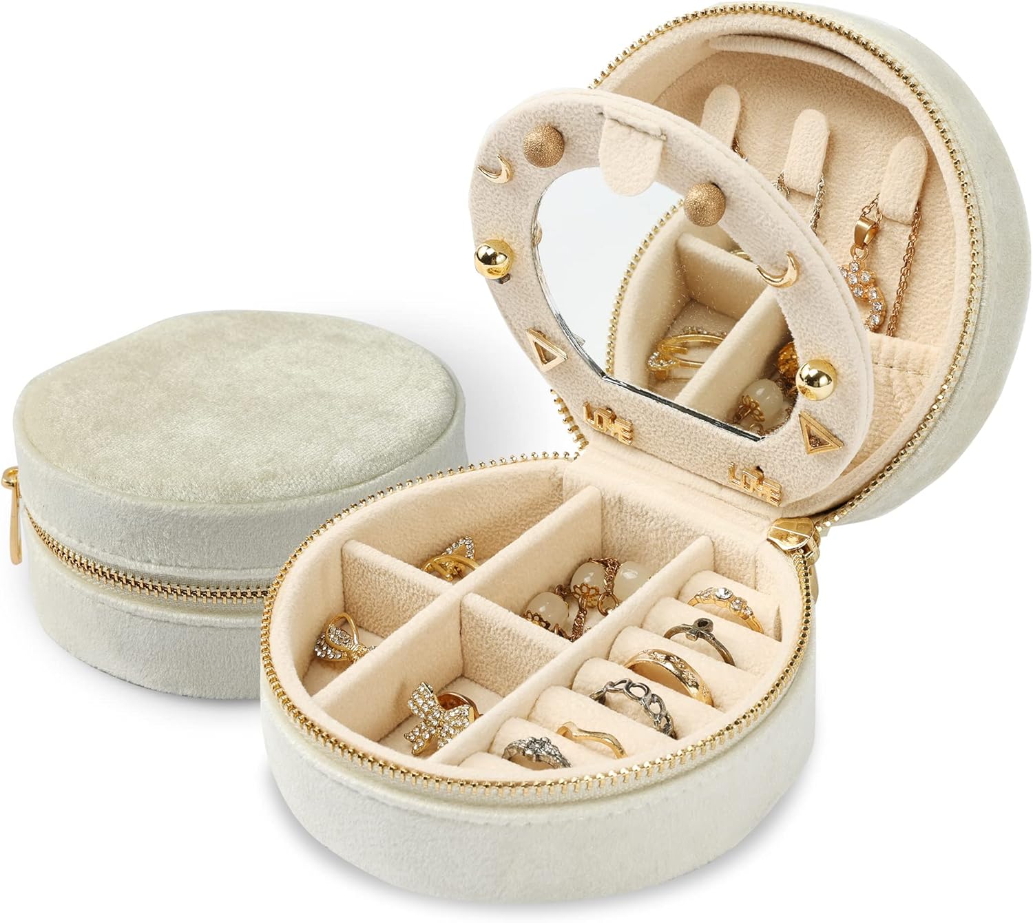 Dajasan Velvet Jewelry Organizer, Mini Travel Jewelry Case, Small Portable Travel Jewelry Organizer Box with Mirror for Earrings Bracelets Rings Necklace (Beige)