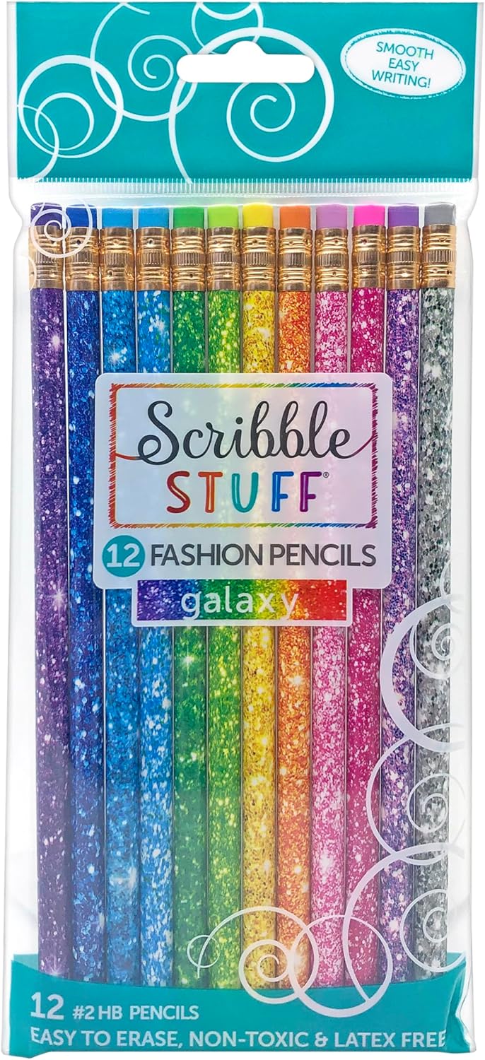 RoseArt Scribble Stuff Fashion Pencil Pack, Rainbow Glitter Galaxy Edition, Unsharpened, Back To School Pencils, 12 Count
