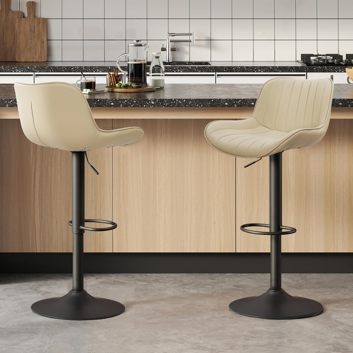 Volans Swivel Bar Stools Set of 2, Mid Century Modern Bar Chairs with Black Metal Base, Adjustable Counter Height Stool with Back, Khaki