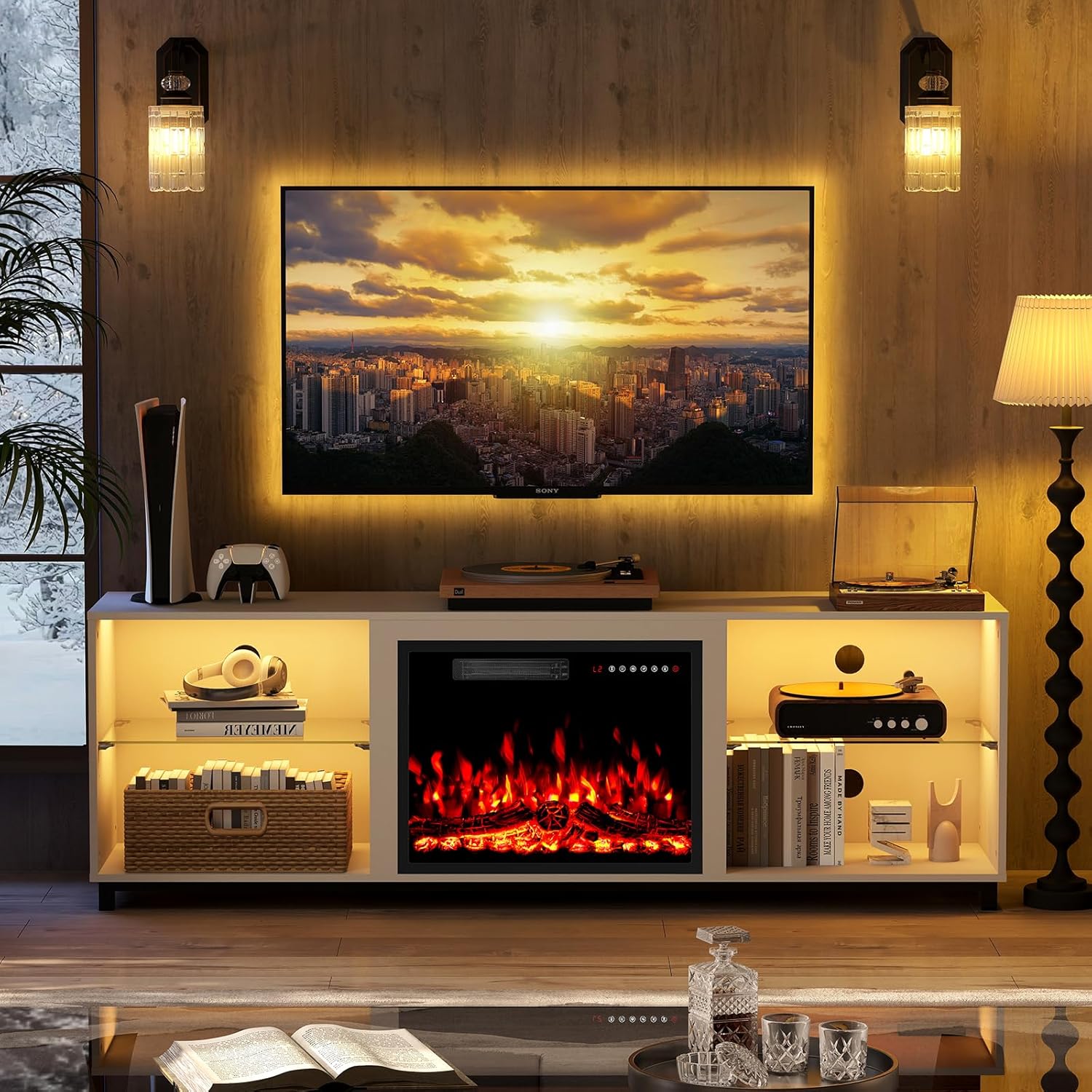 Fireplace TV Stand with 23" Electric Fireplace Adjustable Glass Shelves, LED Light Entertainment Center for TVs Up to 80" TV, Modern Wood Storage Cabinet 70", White