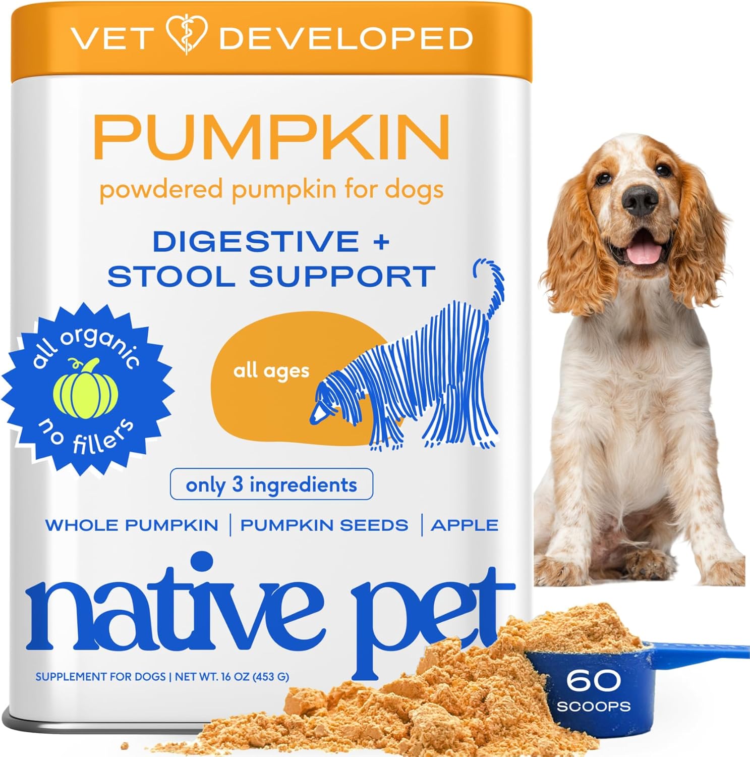 Native Pet Pumpkin for Dogs - Organic Powder Pumpkin Puree Dog Food Toppers -Rich in Fiber Supplement Powder Helps with Digestion, Nutrient Absorption, Diarrhea, Constipation & Upset Stomach-60 Scoops