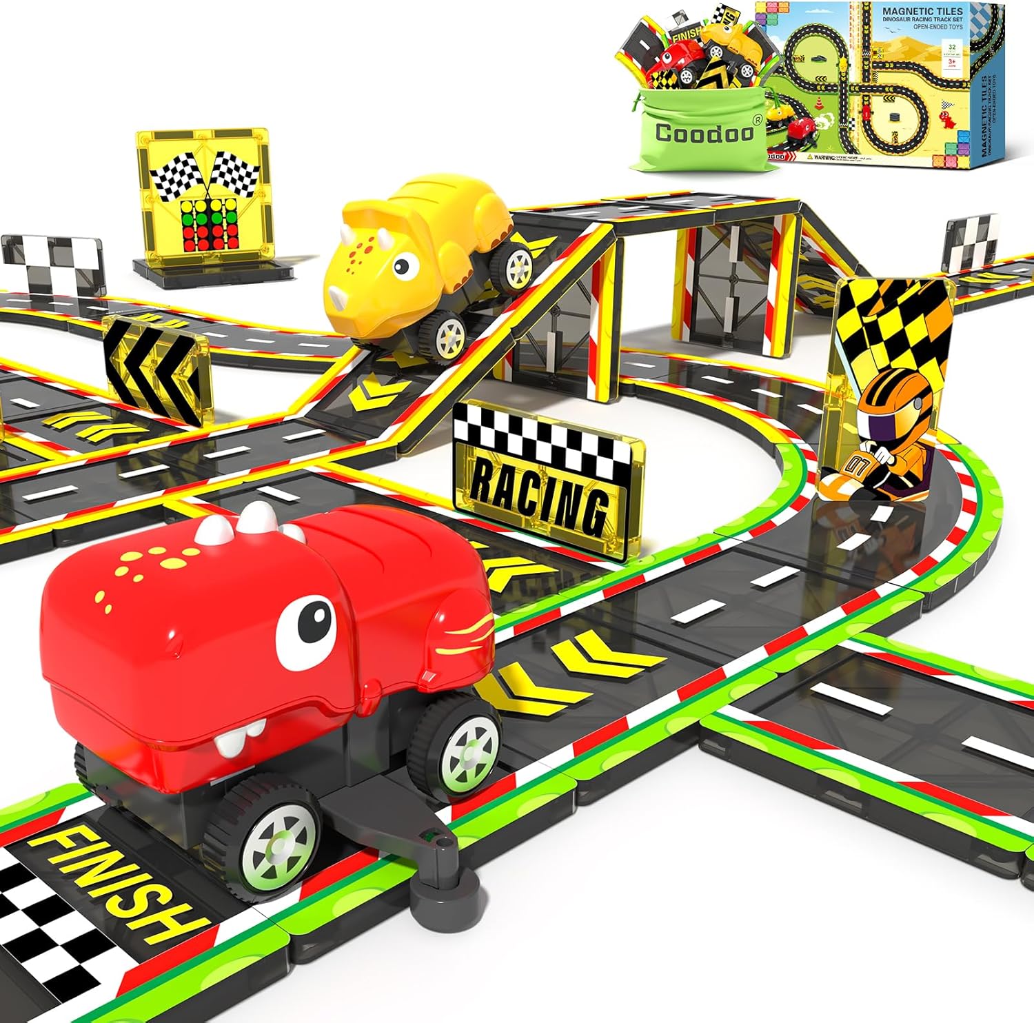 Dinosaur Toys Magnetic Tiles with 2 Dinosaur Cars Race Track, Magnetic Building Blocks Toddler Sensory Outdoor Kids Toys for 3+ Year Old Boys Girls, Classroom Must Haves Kids Games for Ages 3 5 7