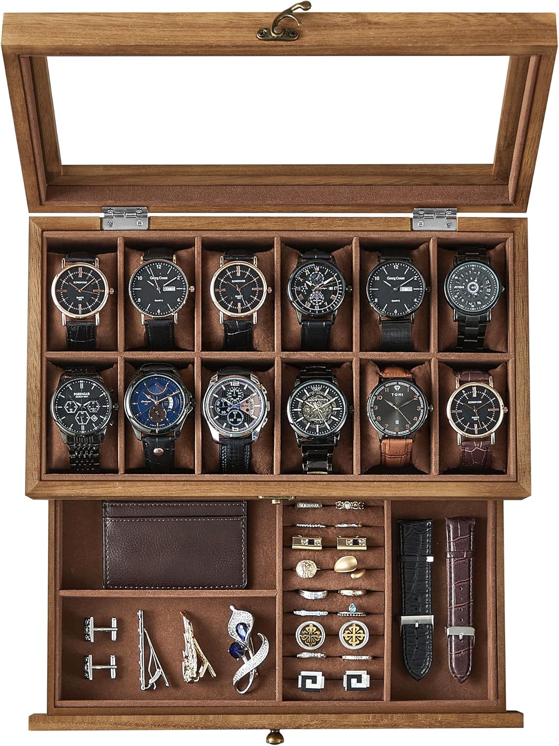 SONGMICS Watch Box with 12 Slots, 2-Tier Wood Watch Case with Large Glass Lid, Watch Pillows, Velvet Lining, Jewellery Box, Gift for Loved Ones, Rustic Walnut JOW012K01