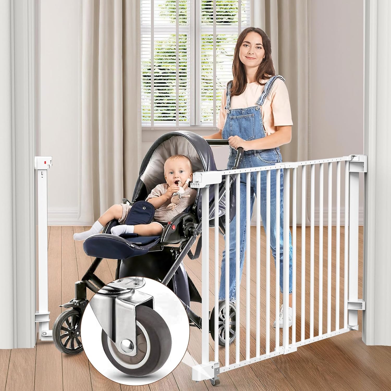 FURTIME 29-43.3" Sliding Baby/Dog Gate, No Bottom Bar Baby Gate for Doorways, Extra-Wide Walk Thru Door with Bottom Rubber Wheels, Hardware Mounted, White