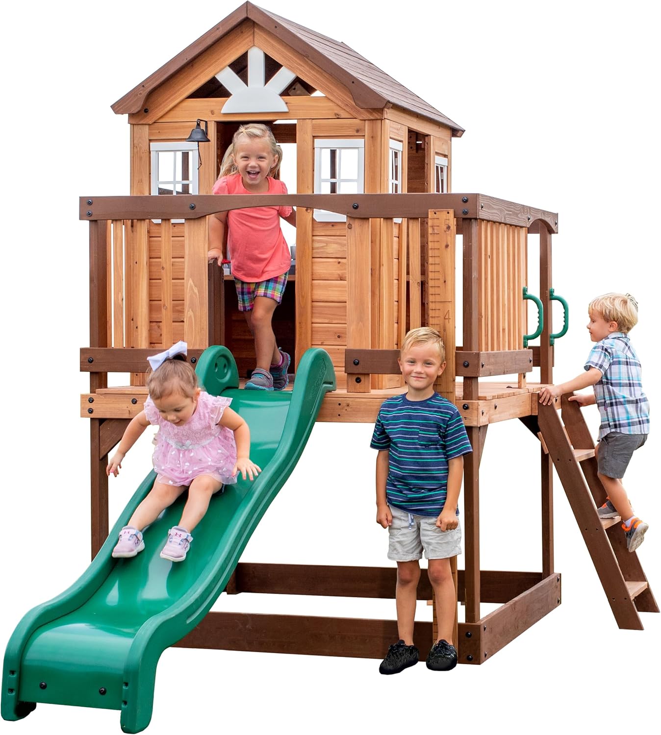 Backyard Discovery Echo Heights Elevated Cedar Wooden Kids Playhouse with Wave Slide, Play Kitchen, Wrap-Around Deck, Flat-Step Ladder, Half Door, Windows, Bell, and Growth Chart for Outdoor Play