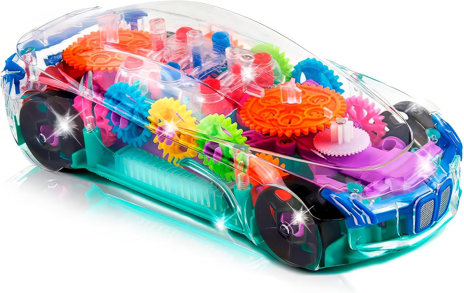 ArtCreativity Light Up Transparent Sensory Car Toy for Kids, 1PC, Bump and Go Toy Car with Colorful Moving Gears, Music, and LED Effects, Easter Toys for Toddlers, Great Birthday Gift Idea