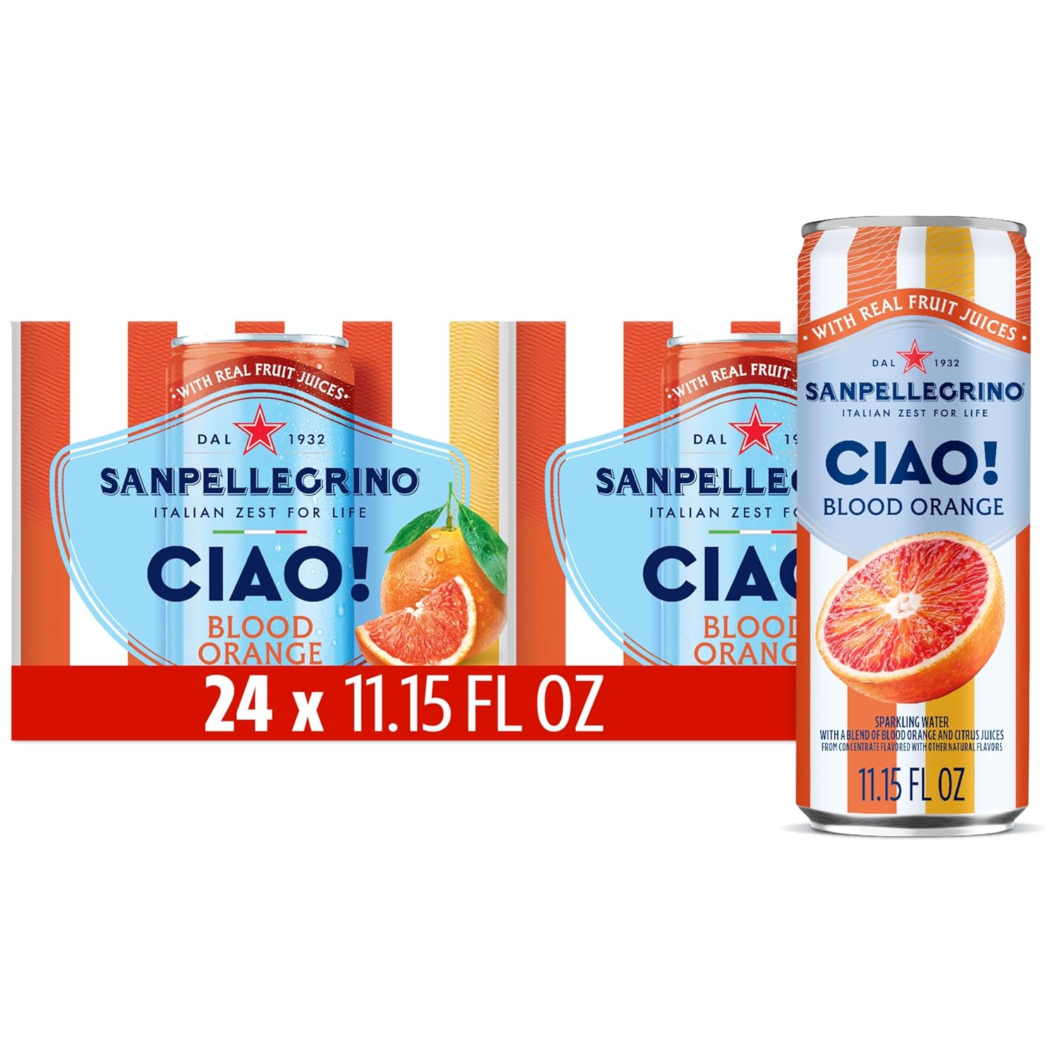 Sanpellegrino CIAO Blood Orange Sparkling Water, Low-Calorie Italian Sparkling Water with Real Fruit Juices, 0g Added Sugar, 24-Pack