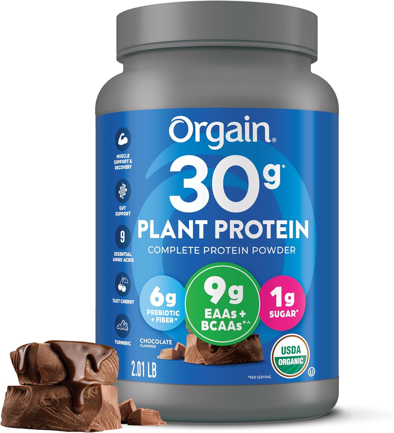 Orgain Organic 30g Vegan Protein Powder, Chocolate 9g EAAs + BCAAs, Plant Protein, 6g Prebiotic + Fiber, 1g Sugar, Pre-Workout, Muscle Support + Recovery - 2.01lb (Packaging May Vary)