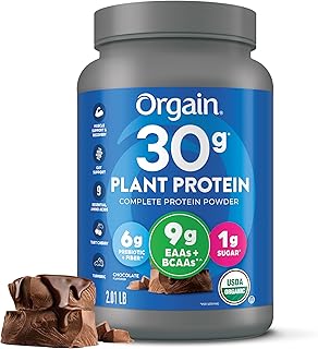 Orgain Organic 30g Vegan Protein Powder, Chocolate 9g EAAs + BCAAs, Plant Protein, 6g Prebiotic + Fiber, 1g Sugar, Pre-Workout, Muscle Support + Recovery - 2.01lb (Packaging May Vary)