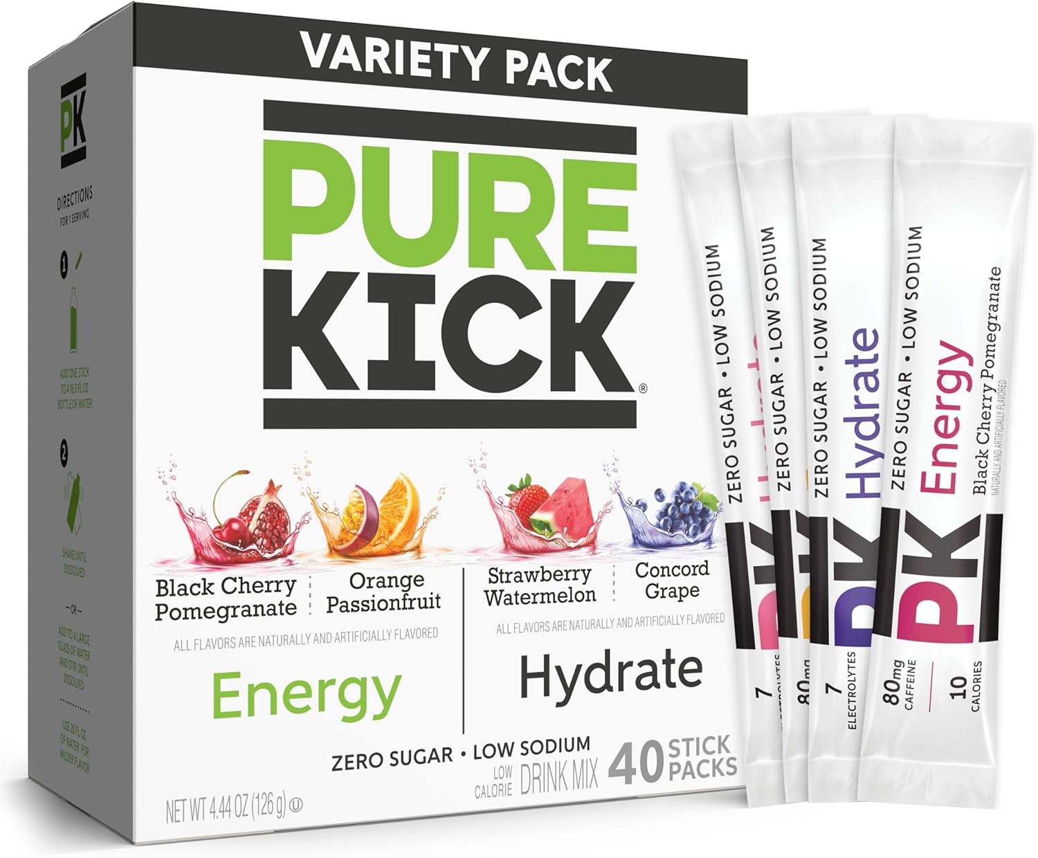 PURE KICK Energy and Hydrate Singles To Go Drink Mix Variety Pack, Black Cherry Granate,Orange Passion Fruit, Strawberry Watermelon and Concord Grape, 40 Count (Pack of 1)
