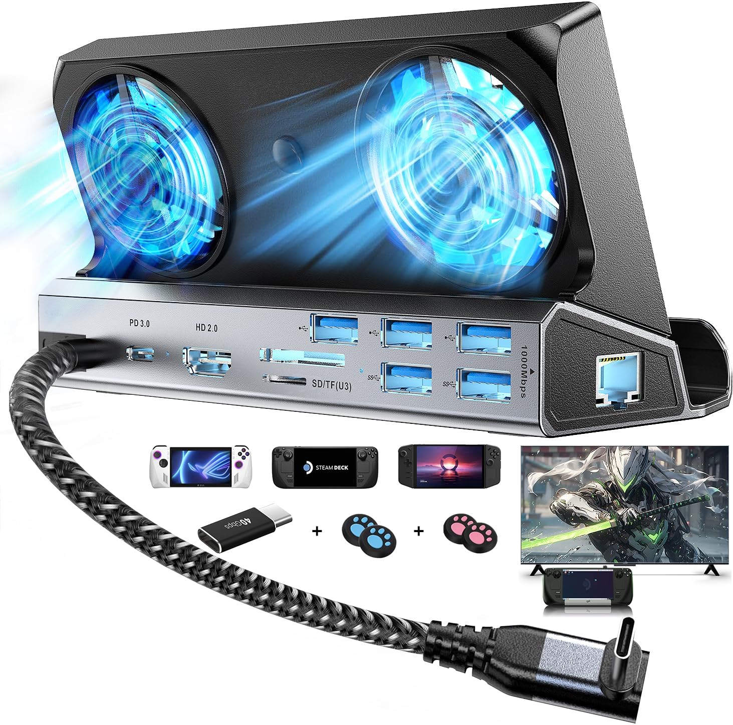 YCE Dual Cooling Fans 10-in-1 Steam Deck Docking Station with HDMI 2.0,5 USB Ports,1000Mbps,SD/TF Slot,USB-C 100W PD, 40Gbps Adapter for Steam Deck/Rog Ally/Switch/Legion Go