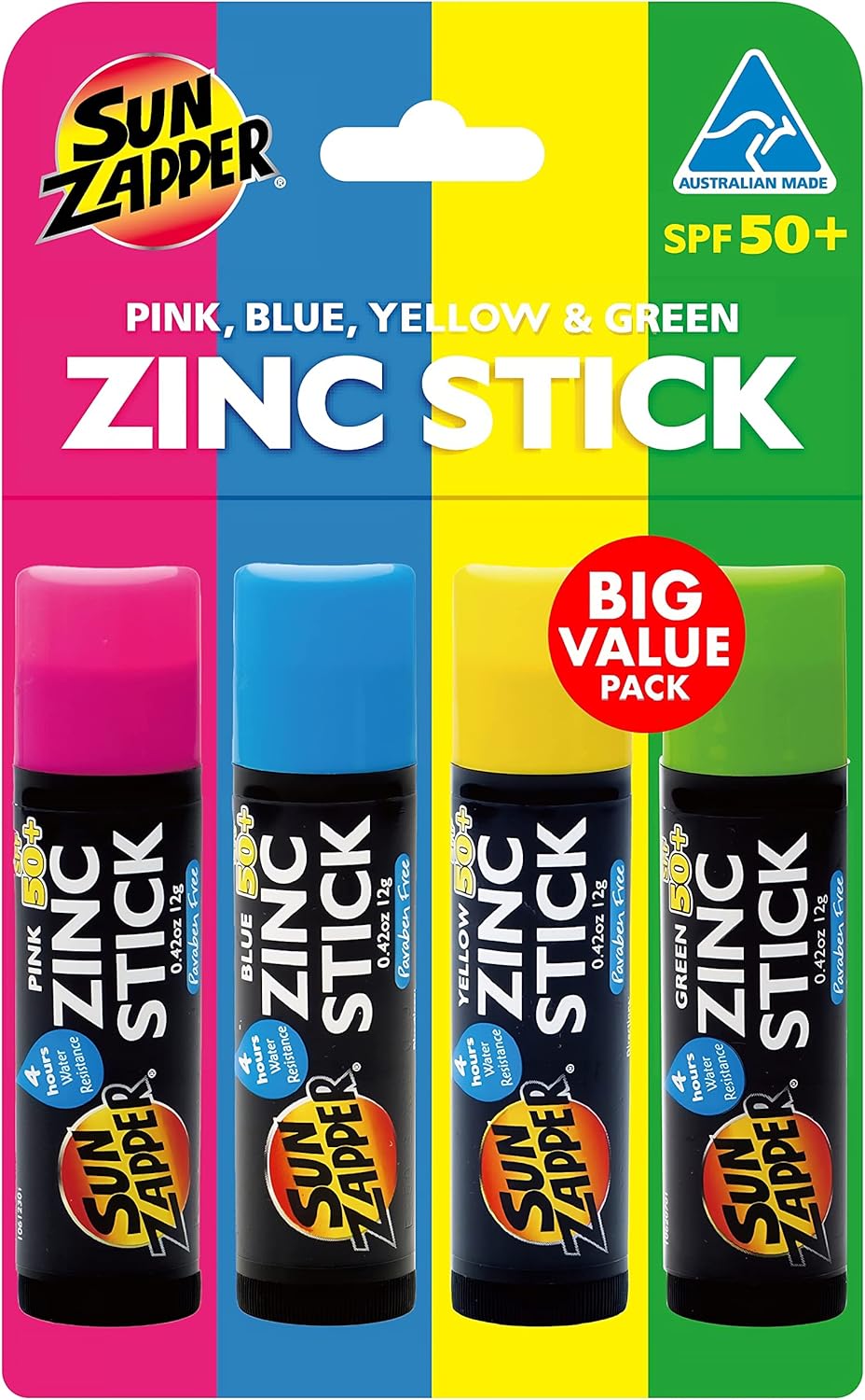 Sun Zapper Zinc Stick - Pink, Blue, Green, Yellow Face Sunblock Rainbow 4-Pack SPF50+ Coloured Zinc Sunscreen Sticks Made in Australia