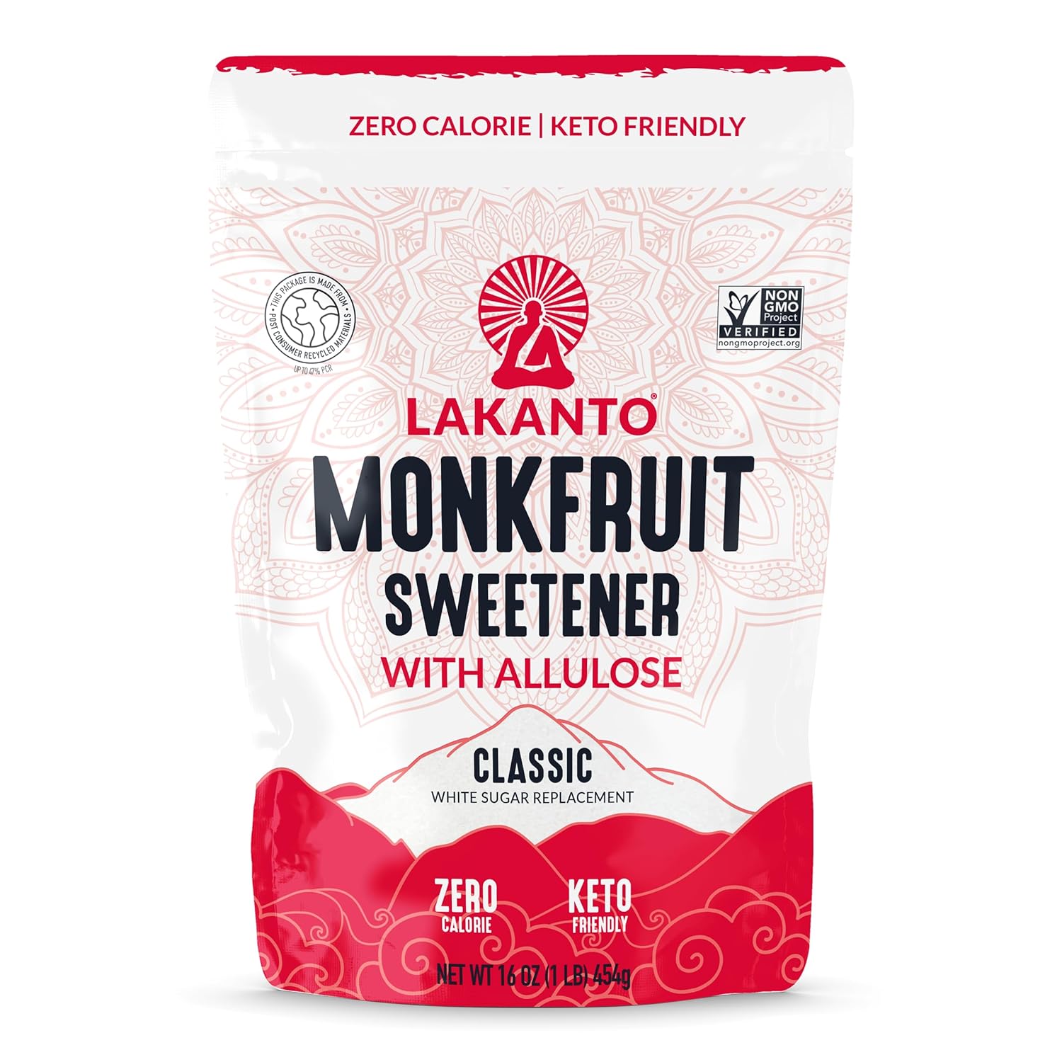 Lakanto Classic Monk Fruit Sweetener With Allulose, White Sugar Substitute From Monk Fruit Extract for Baking, Coffee & Tea, Gluten Free, Zero Calorie, Low Carb, Non GMO, Keto, Classic White, 1 LB Bag
