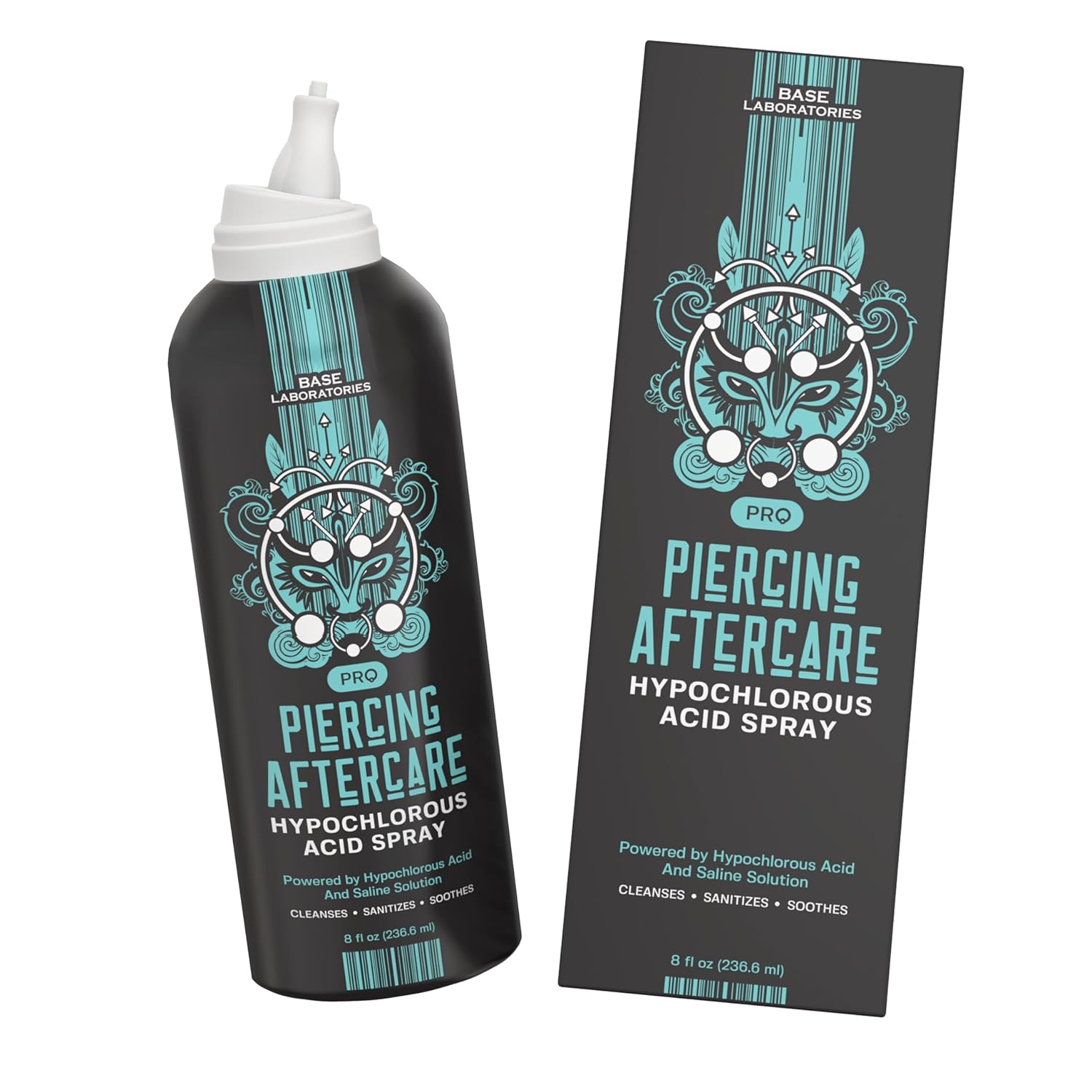 BASE LABORATORIES Piercing Aftercare Hypochlorous Acid Spray PRO - 8 OZ | Ear Piercing Cleaner | Saline Solution Piercing Aftercare - Saline Spray for Piercings, Bumps & Keloids | Ear, Nose, Belly