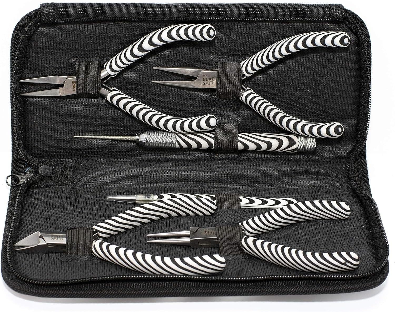 The Beadsmith Zebra Print Pliers – 5 Inch Tools, 6 Piece Kit: Chain Nose, Round Nose, Bent Chain Nose, Side Cutter, Tweezers & Reamer with Zippered Pouch – Tools Set for Jewelry Making