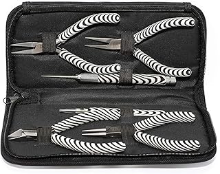 The Beadsmith Zebra Print Pliers – 5 Inch Tools, 6 Piece Kit: Chain Nose, Round Nose, Bent Chain Nose, Side Cutter, Tweezers & Reamer with Zippered Pouch – Tools Set for Jewelry Making