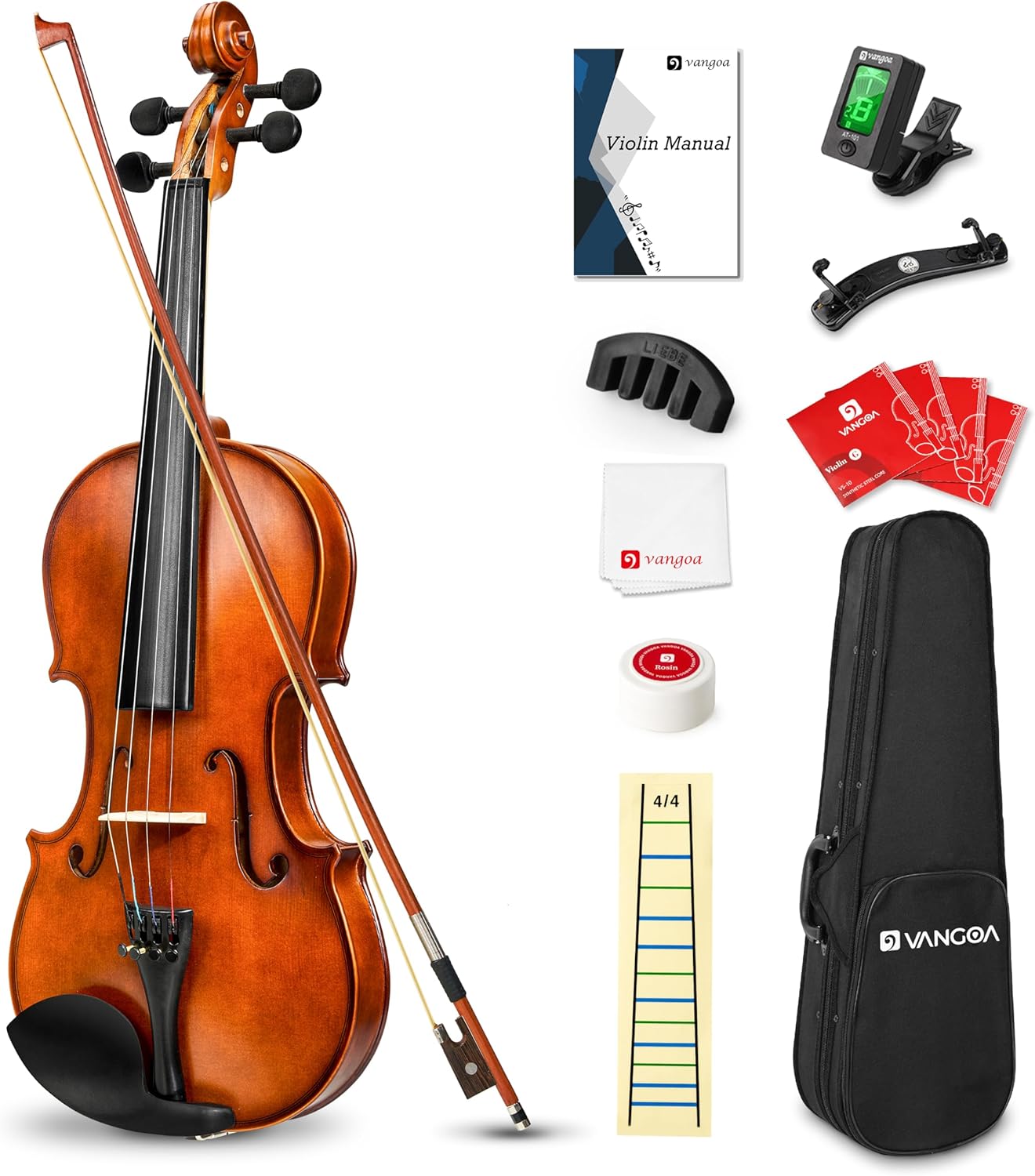 Vangoa 4/4 Solid Wood Acoustic Violin Full Size Fiddle Set for Beginner Adult Student Teen Kids with Violin Case, Bow, Rosin, Shoulder Rest, Tuner, Strings, Manual