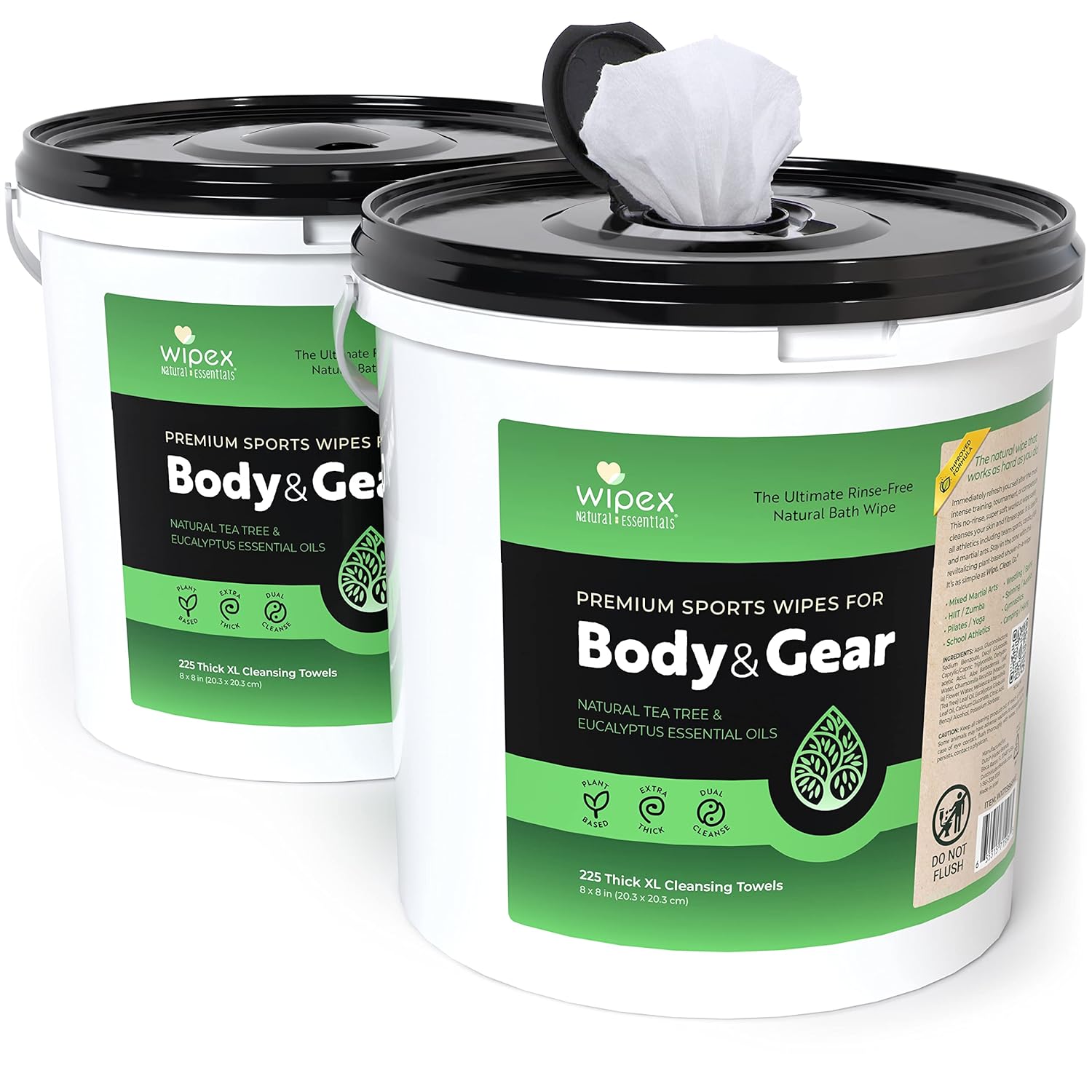 Wipex No Rinse Plant-Based Body Wipes, Tea Tree Oil & Eucalyptus, 225 Count, Ideal for Yoga, Gym, Wrestling, Team Sports, and Wellness & Fitness Equipment Cleaner