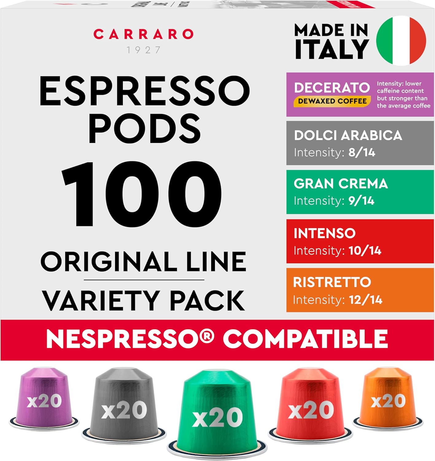 CARRARO 1927 Variety Pack Coffee Capsules - 100 Aluminium Coffee Pods Compatible with Nespresso Original line Machines, Medium and Dark Roast, Made in Italy