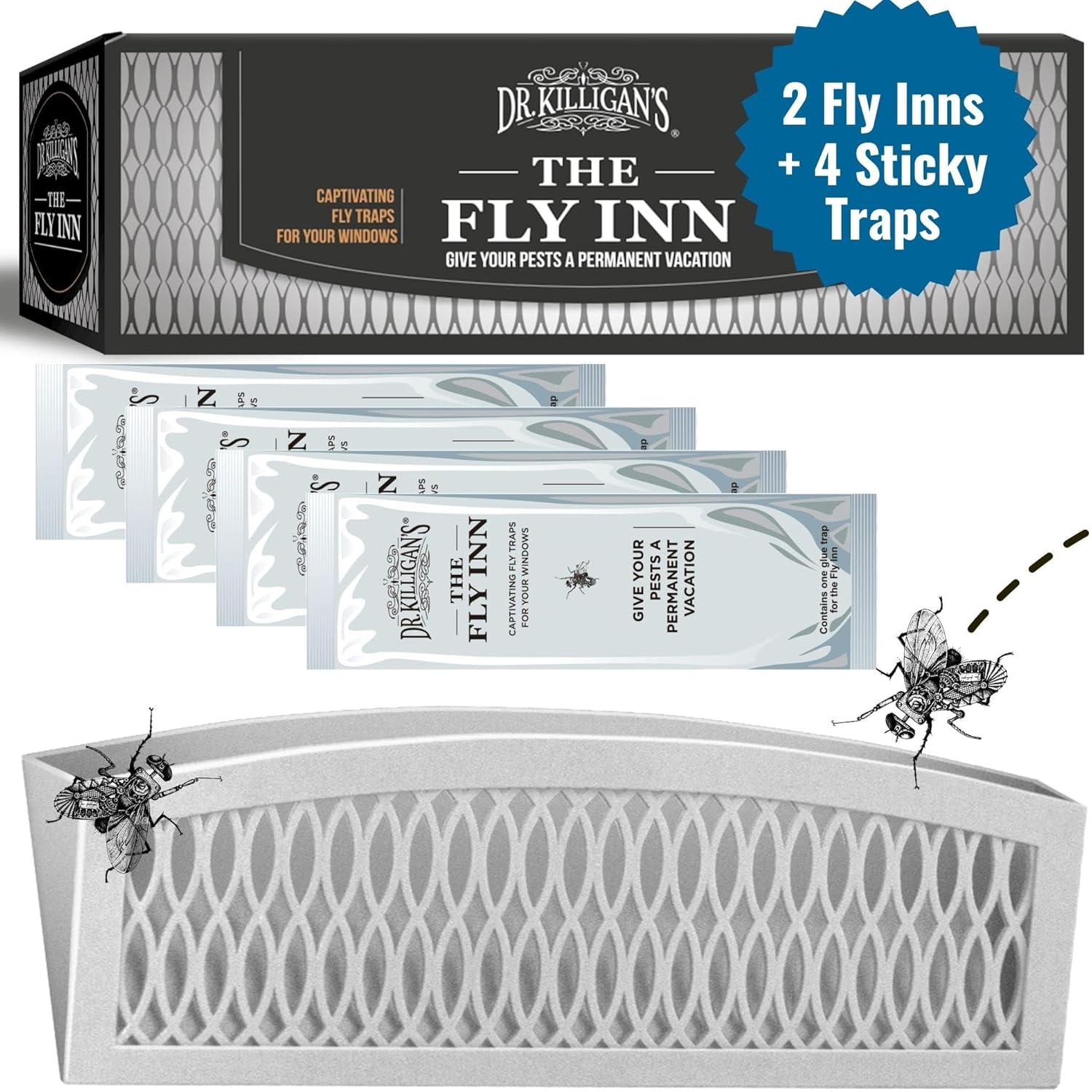 Dr. Killigan's The Fly Inn | Window Fly Traps | Sticky Fly Strip | Indoor Insect Trap | Catches and Hides Bugs | Better Than Fly Paper or Ribbon | Get Rid of Flies | (2+4, Gray)