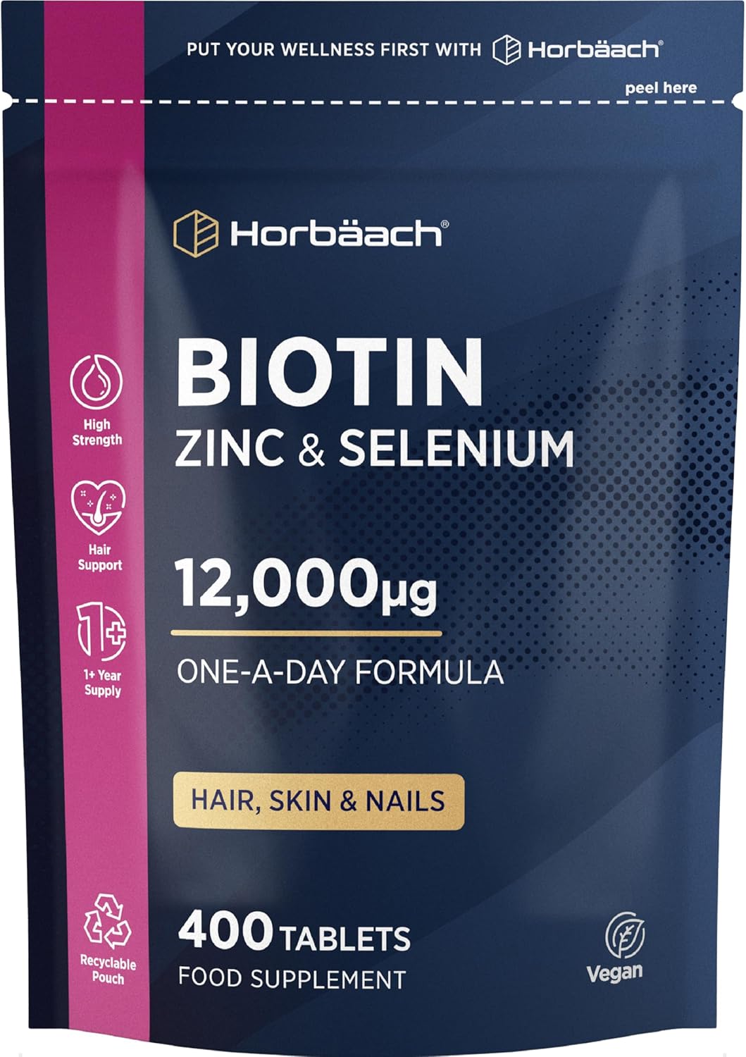 Biotin Hair Growth Tablets 12000mcg | 1 Year+ Supply | 400 Vegan Tablets | Supplements for Hair, Skin and Nails | Biotin (B7), Zinc & Selenium Complex | by Horbaach