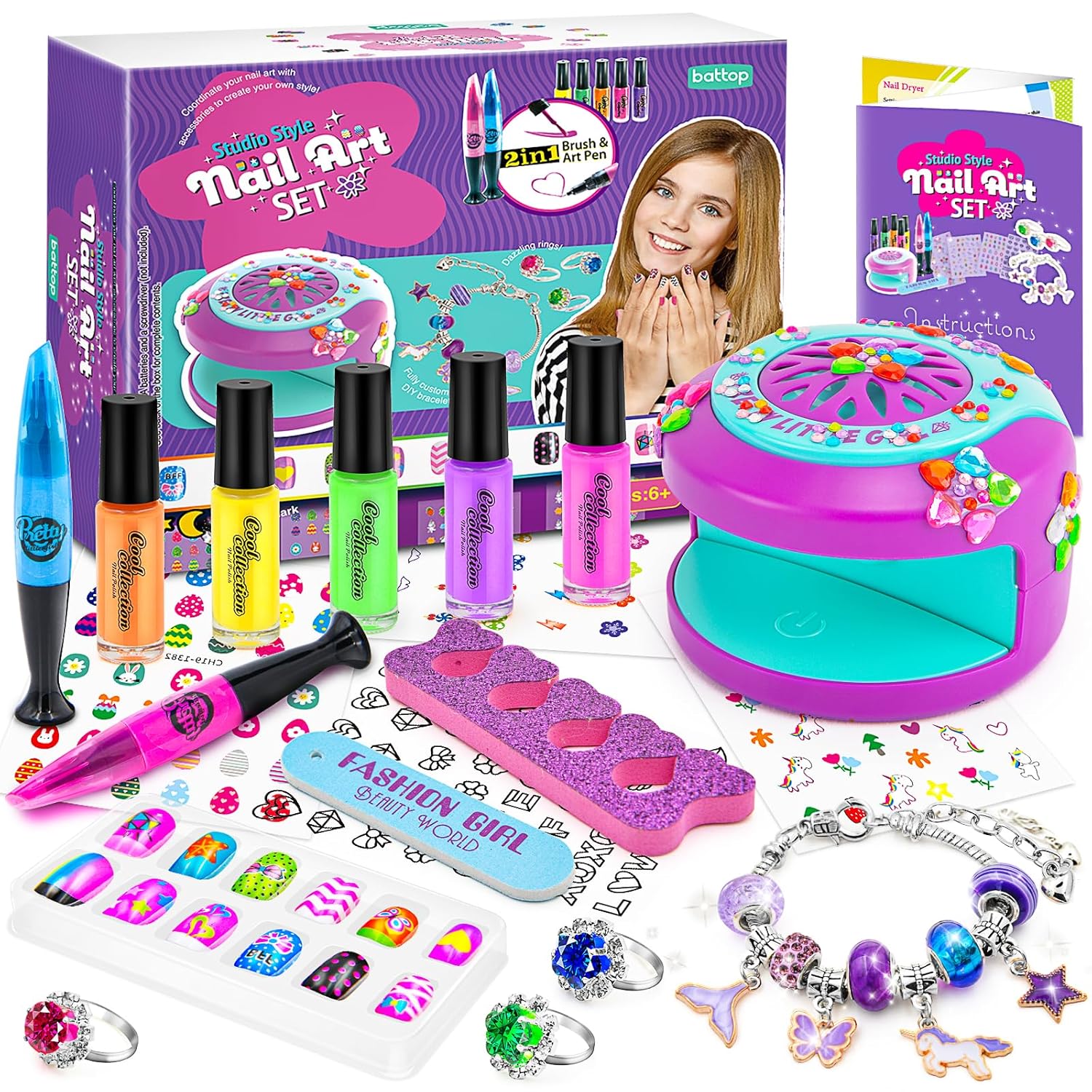BATTOP Kids Nail Polish Set for Girls - Nail Art Kit for Girls Ages 7-12 with Kids Nail Dryer & Fake Nail & Nail Sticker & Water Based Nail Polish Nail Art Pen - Toys Gifts for Girls Ages 6-12