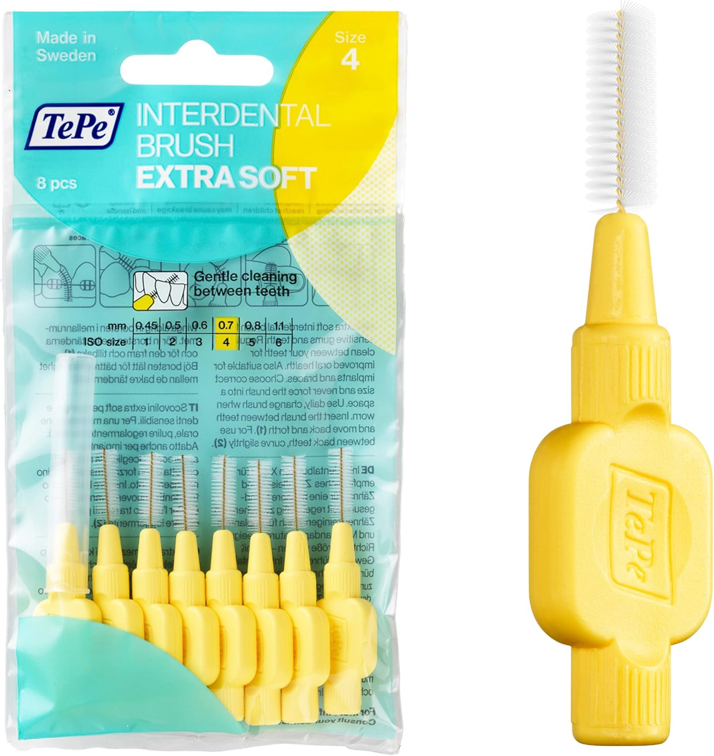 TePe Interdental Brush, Extra Soft, Yellow, 0.7mm/ISO 4, 8pcs, efficient cleaning between teeth, plaque remover, dental flosser for small gaps