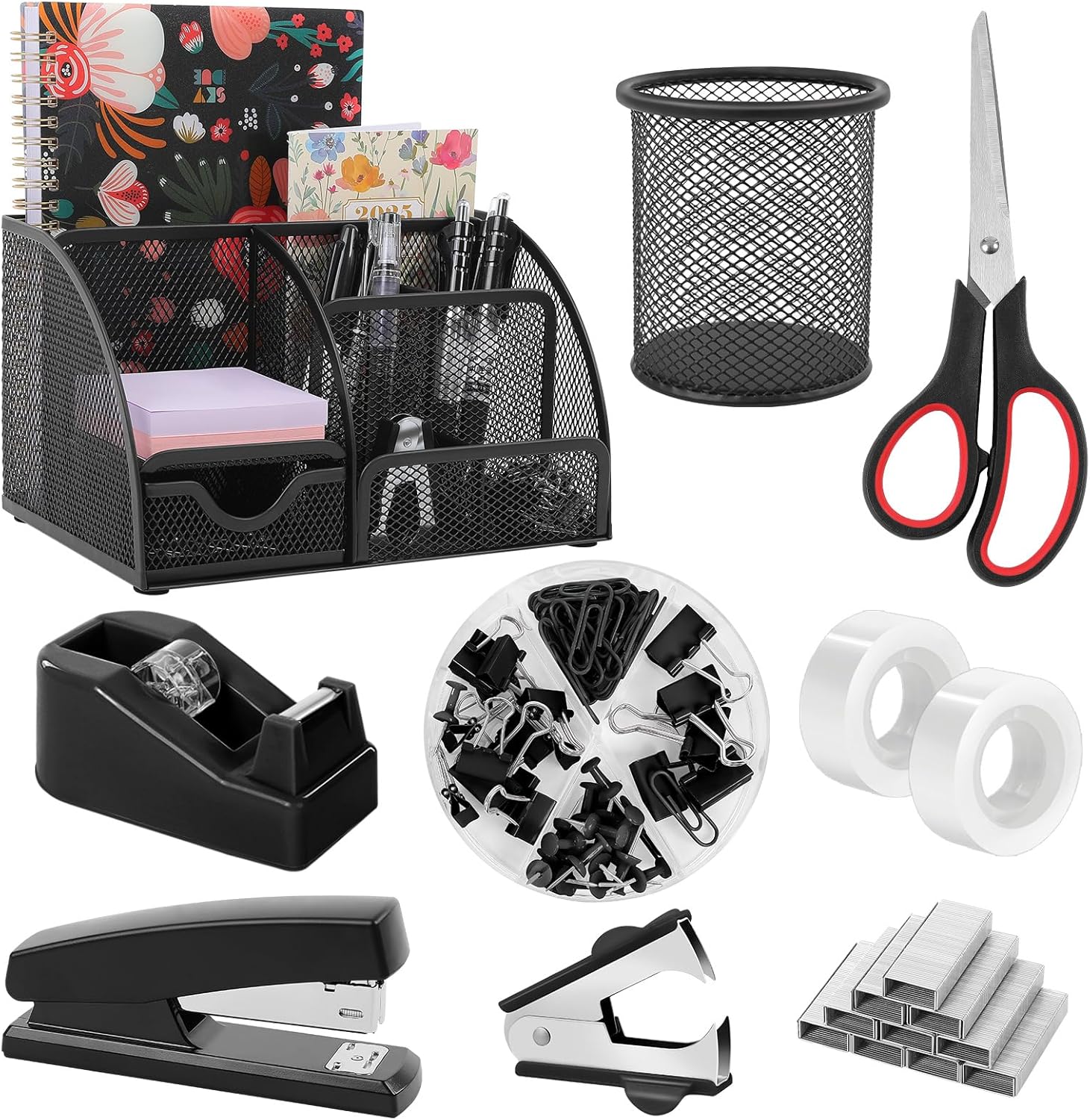 SKYDUE Black Office Supplies, Mesh Desk Organizer, Stapler, Tape Dispenser, Scissors, Binder/Paper Clips and 1000pcs Staples, Desk Supplies Set