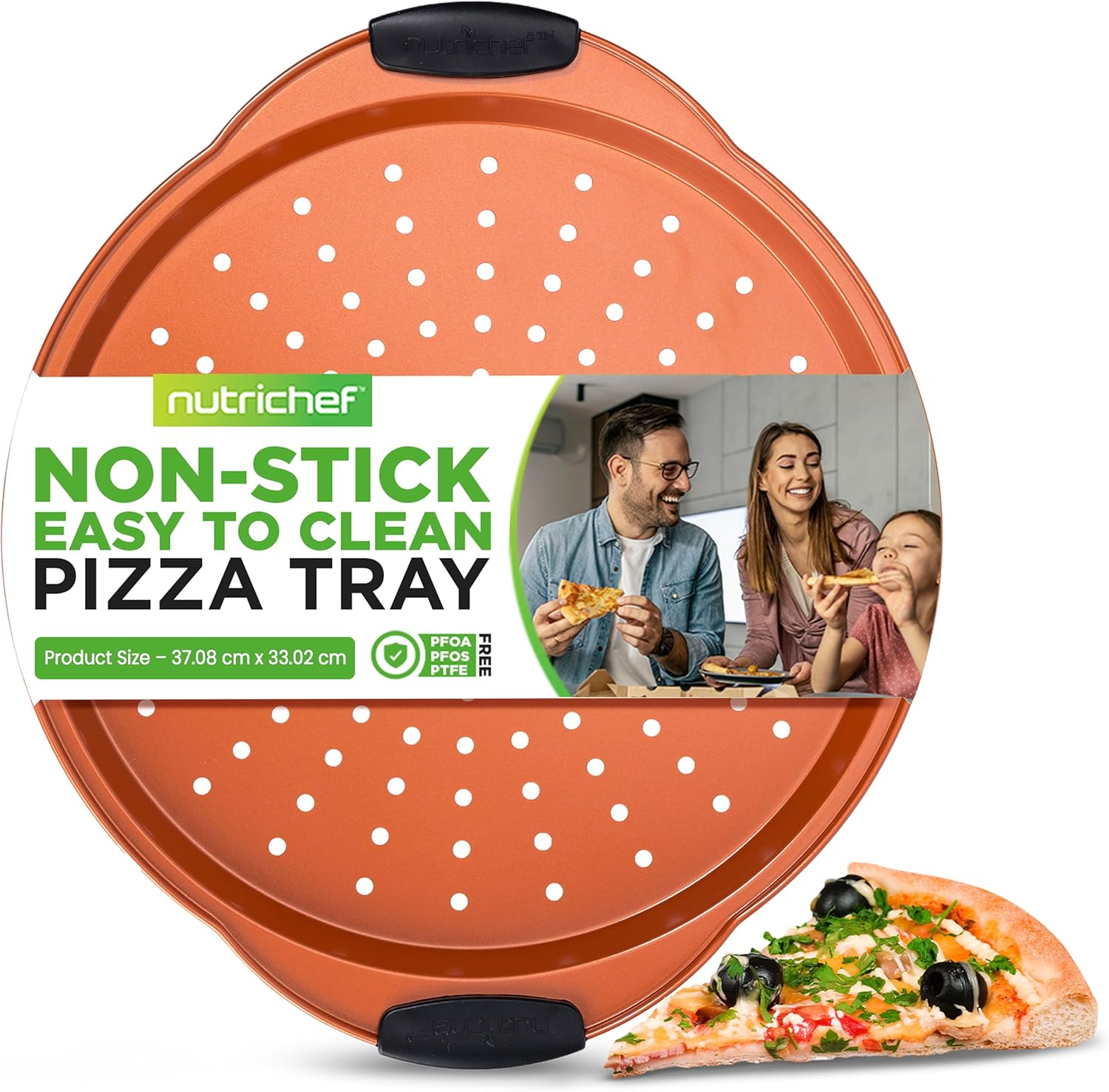 Nutrichef Non-Stick Pizza Tray for Oven, 33cm Round Carbon Steel Baking Trays with Perforated Holes, Silicone Handles, Dishwasher Safe, Pizza Stone Alternative, Copper