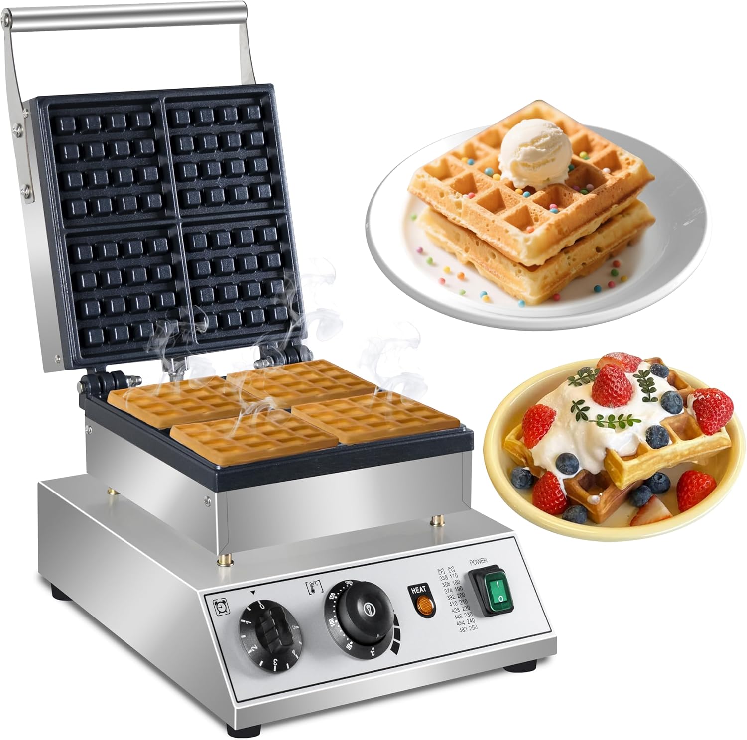 Commercial Waffle Maker, 1600W square Waffle Iron, Non-Stick Belgian Waffle Baker Machine With Temp Range and Time Control, Teflon-Coated Baking Pan Stainless Steel Body
