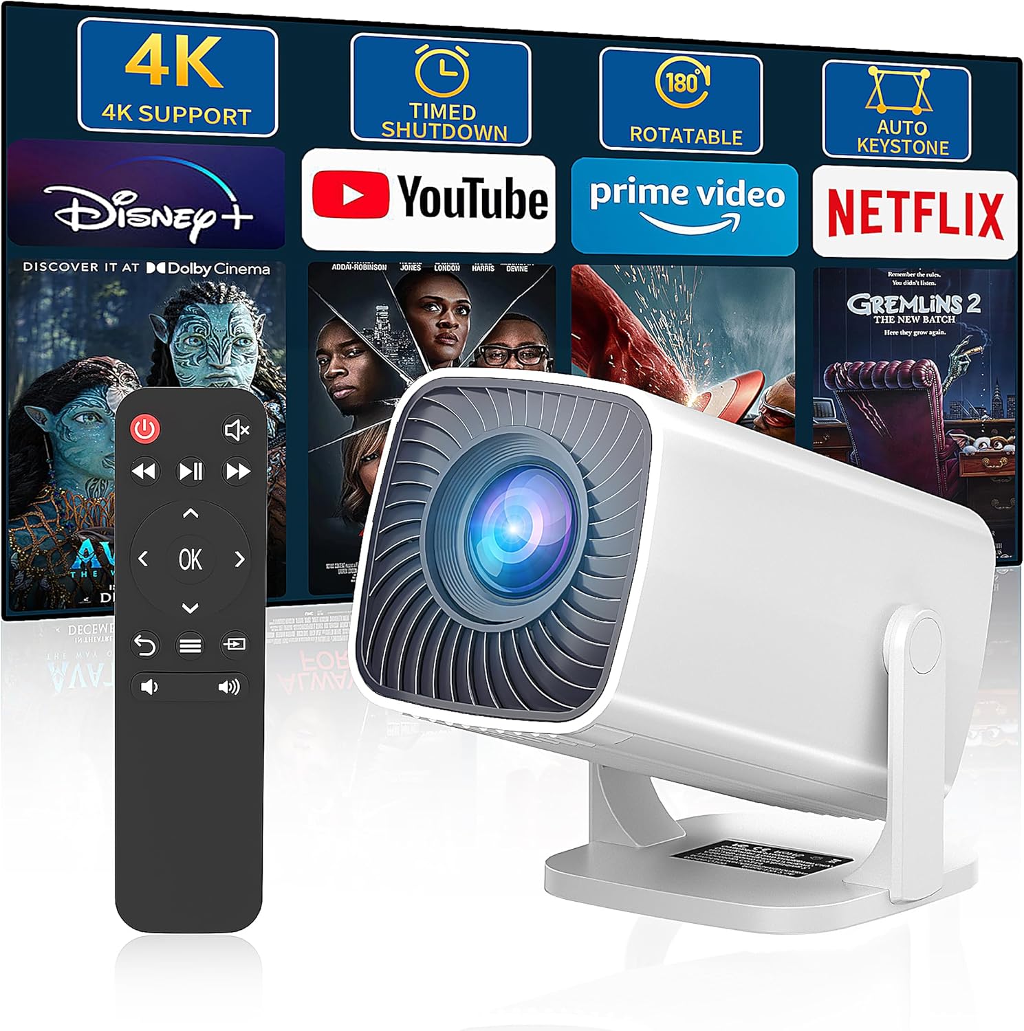 Mini Projector, Portable Outdoor Projector 4K Supported, Short Throw Movie Projector Compatible with Smartphone, TV Stick, Laptop, Game Consoles