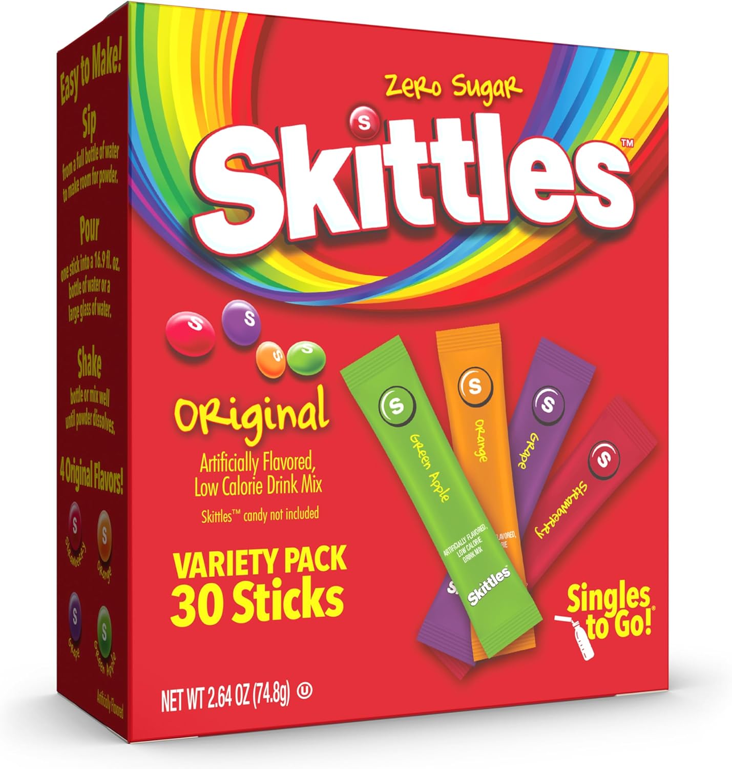 Skittles Singles To Go Variety Pack, Powdered Drink Mix, Zero Sugar, Low Calorie, Includes 4 Flavors: Green Apple, Strawberry, Grape, Orange, 1 Box (30 Single Servings)