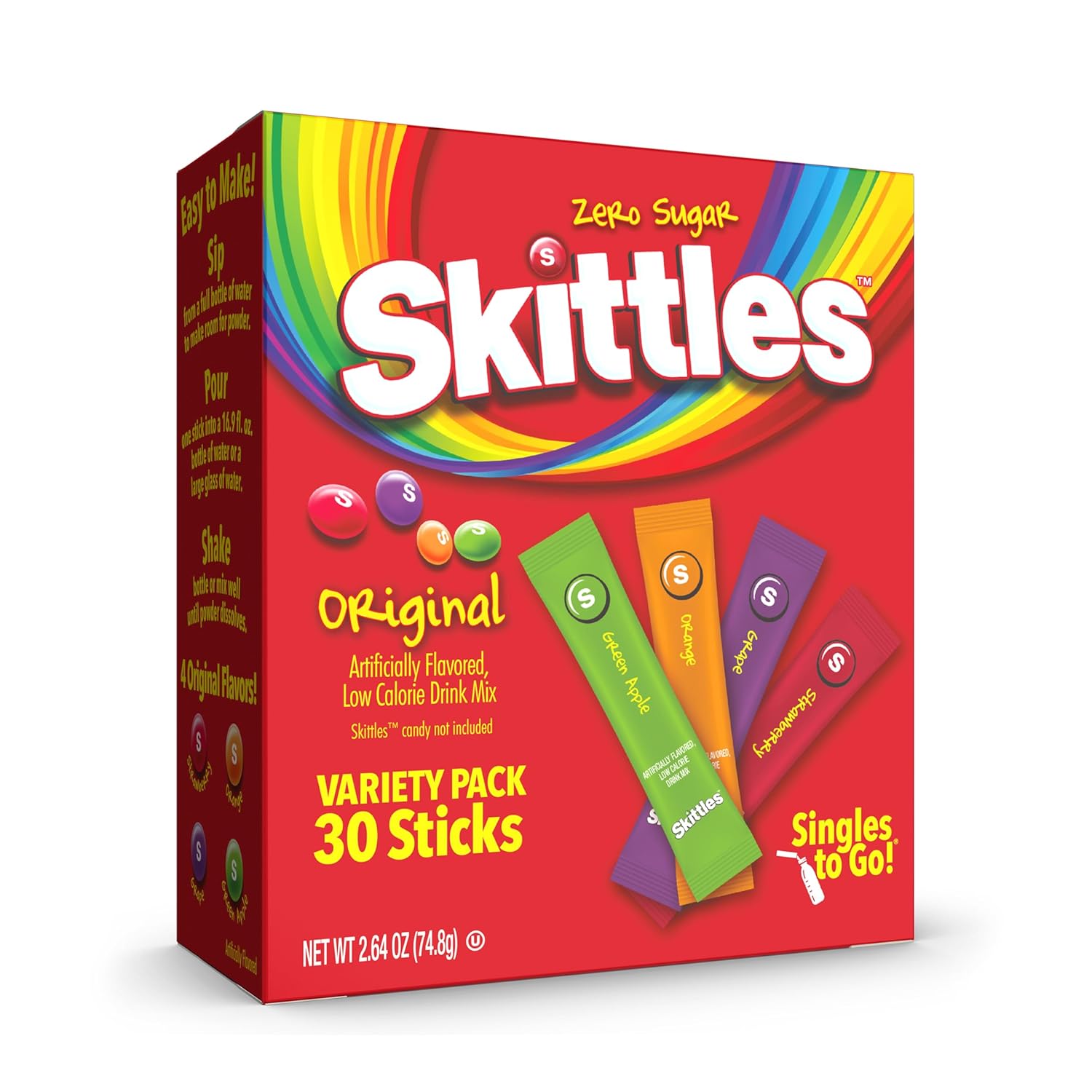 SINGLES TO GO! Skittles Variety Pack, Watertok Powdered Drink Mix, Zero Sugar, Low Calorie, Includes 4 Flavors: Green Apple, Strawberry, Grape, Orange, 1 Box (30 Single Servings)