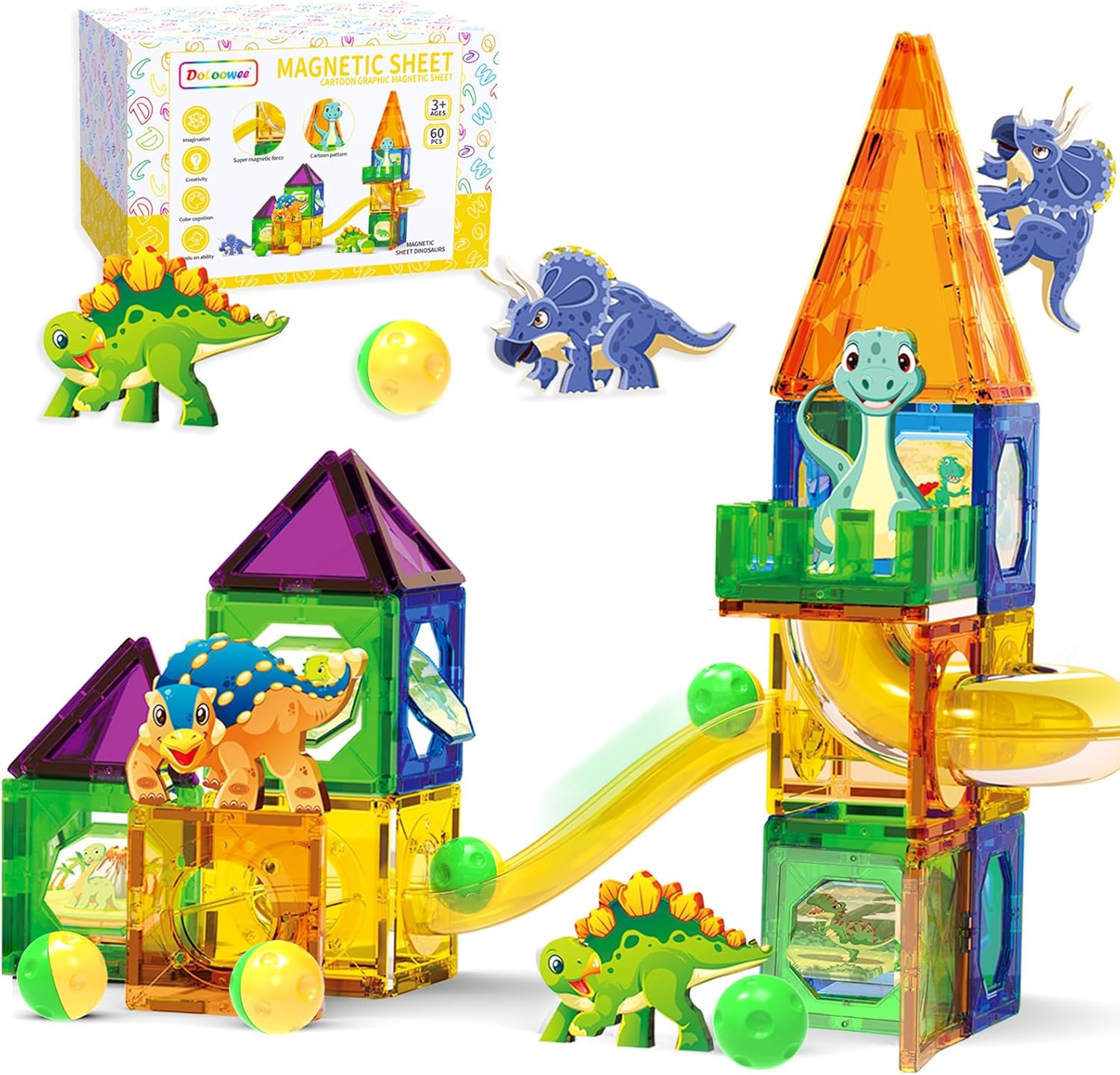 Dinosaur Magnetic Blocks Set, Upgrade DIY Magnets Building Blocks for Kids, 60 Piece Magnets Tiles for Boys and Girls Learning by Playing Games to Improve Imagination and Creativity